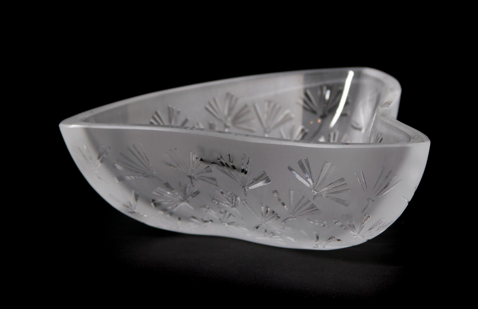 A Lalique Molded and Frosted Glass Bowl, Width at widest 6 1/8 inches.
