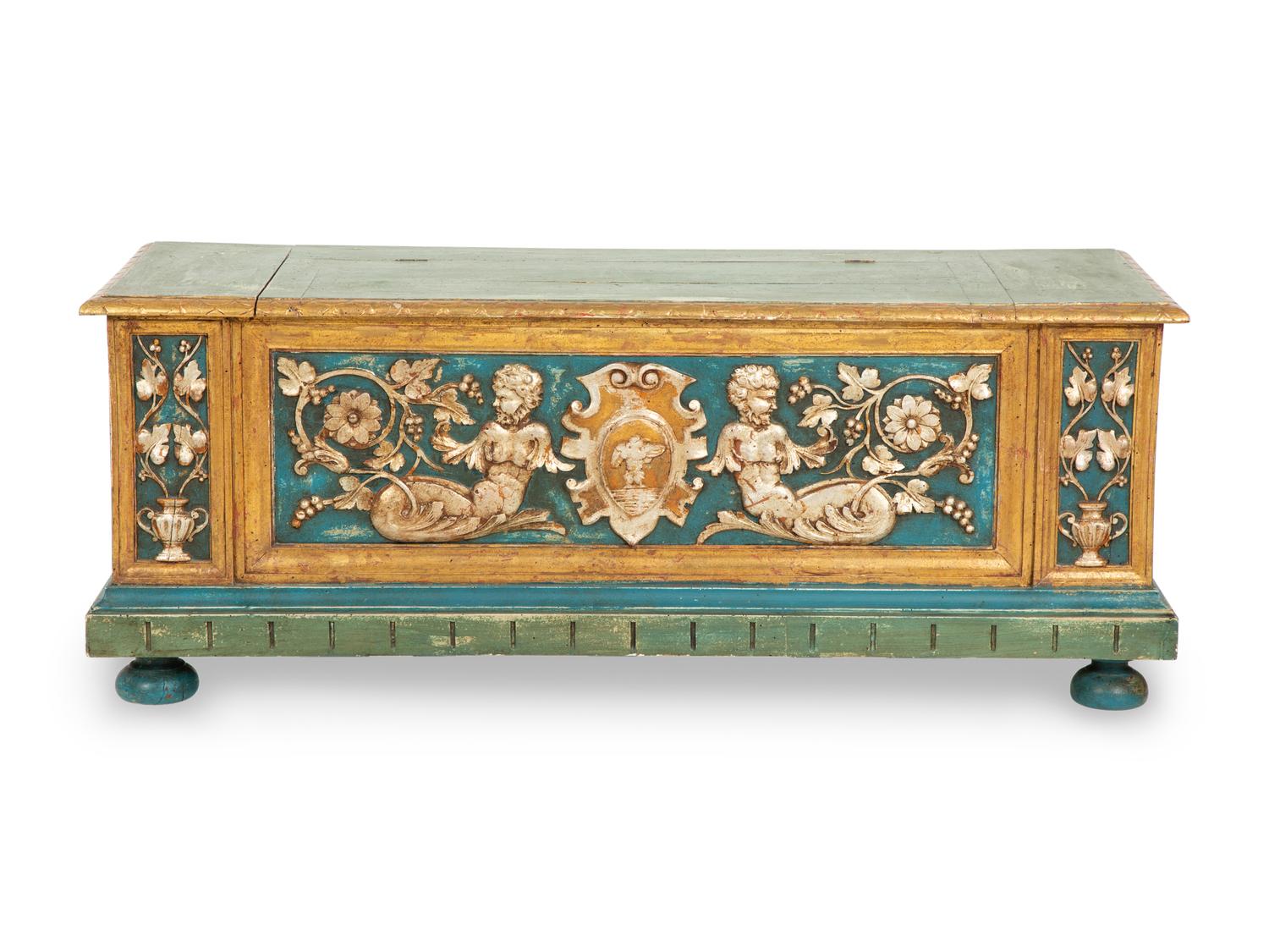 An Italian Parcel Gilt, Silvered and Polychrome Painted Cassone