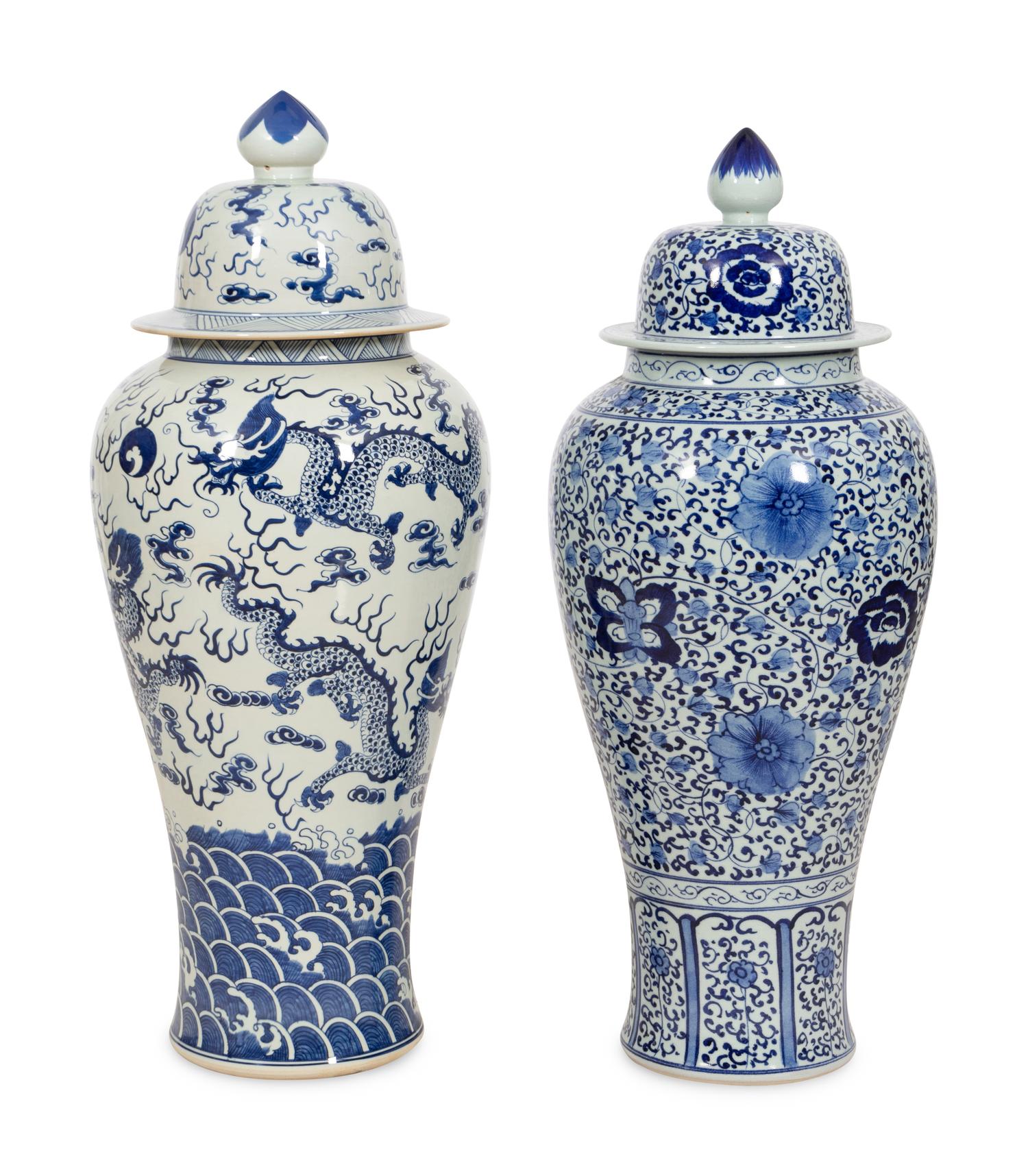 A Collection of Five Export Blue and White Porcelain Articles Including Three Monumental Lidded Urns
