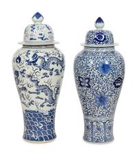 A Collection of Five Export Blue and White Porcelain Articles Including Three Monumental Lidded Urns
