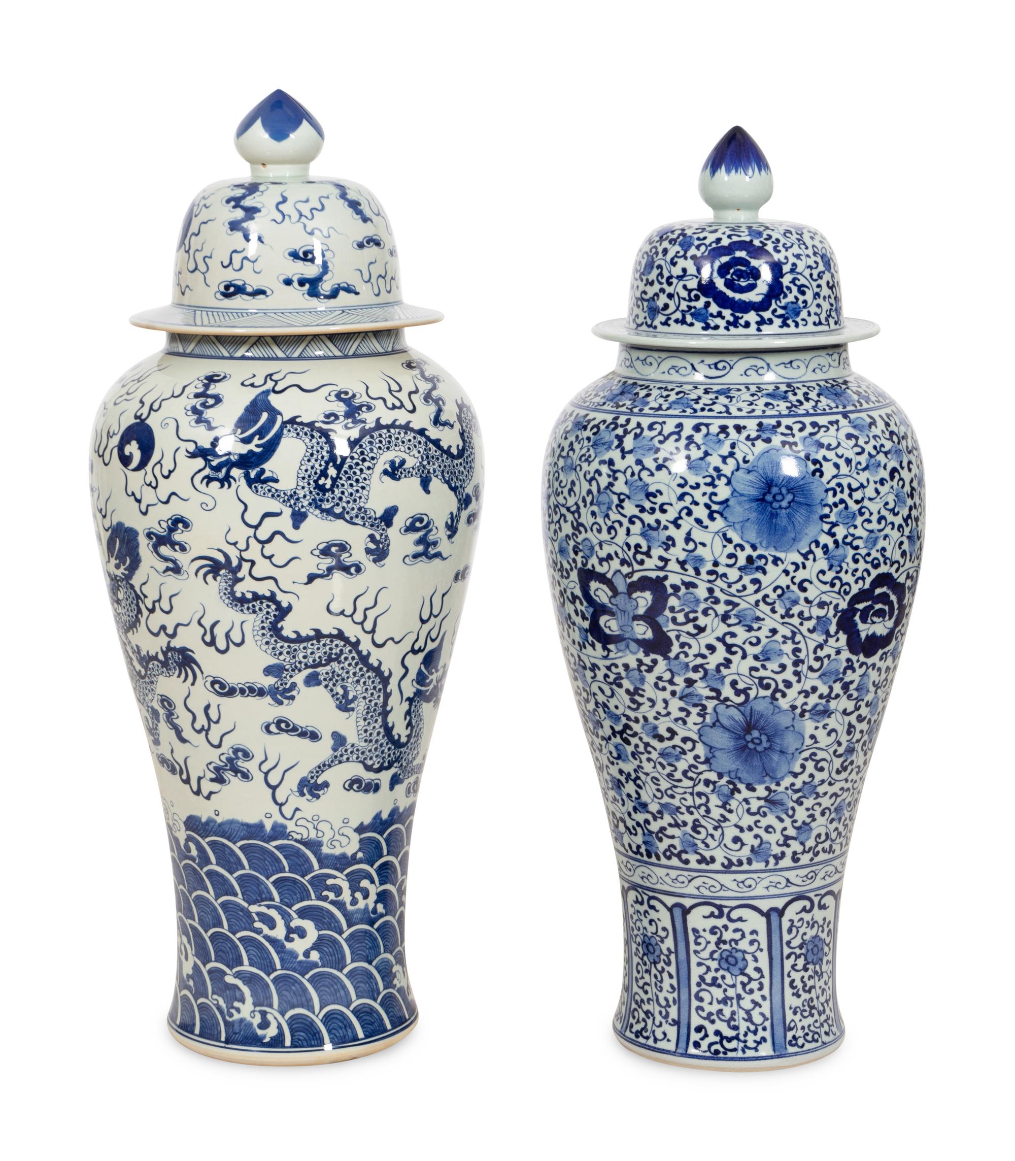 A Collection of Five Export Blue and White Porcelain Articles Including Three Monumental Lidded Urns