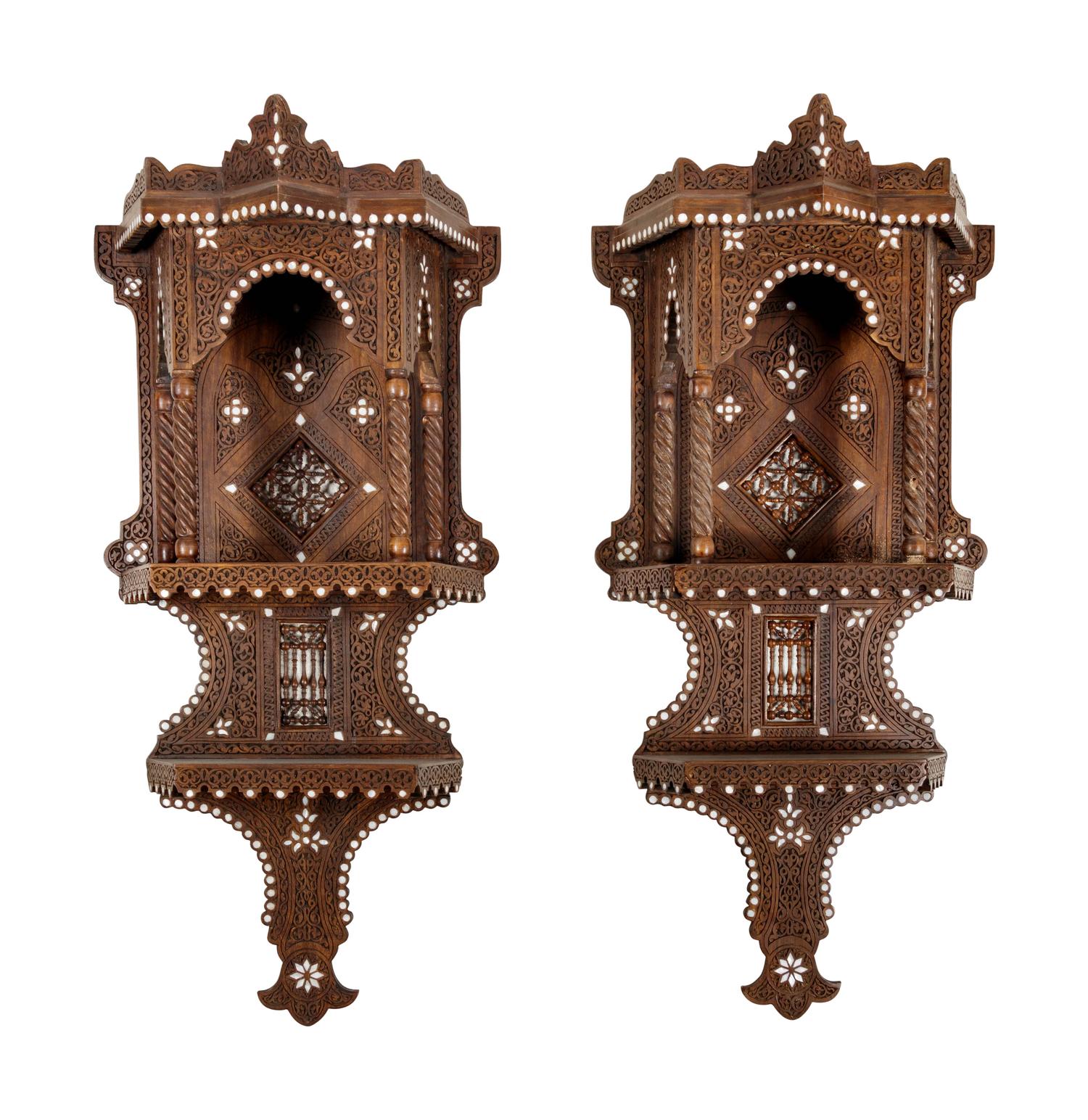 A Pair of Syrian Mother-of-Pearl Inlaid Walnut Hanging Shelf — 20TH CENTURY