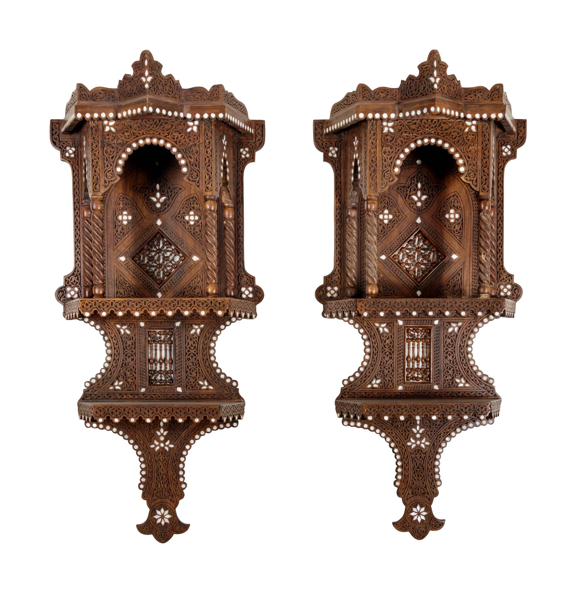 A Pair of Syrian Mother-of-Pearl Inlaid Walnut Hanging Shelf — 20TH CENTURY