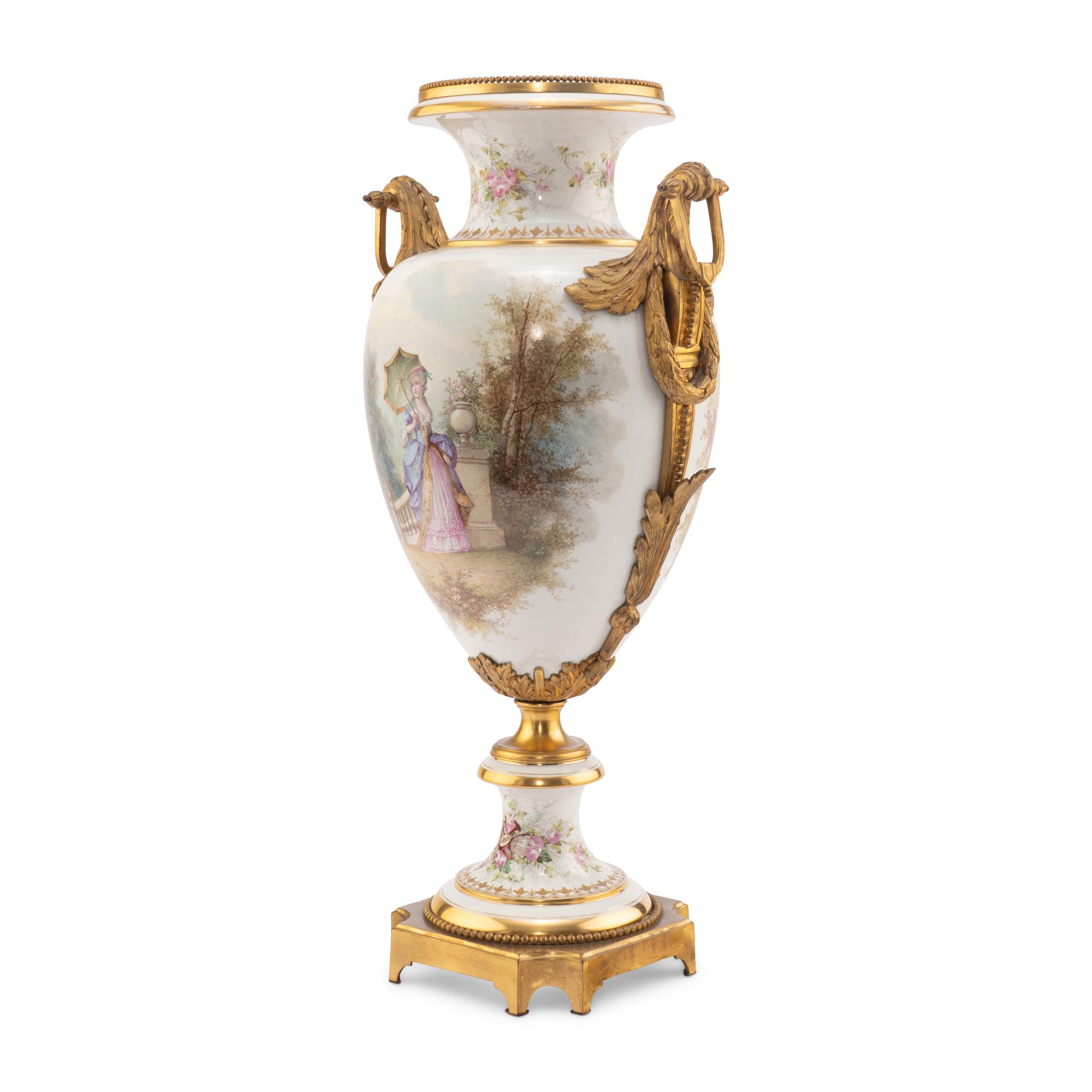 A Sèvres Style Gilt Bronze Mounted Porcelain Urn