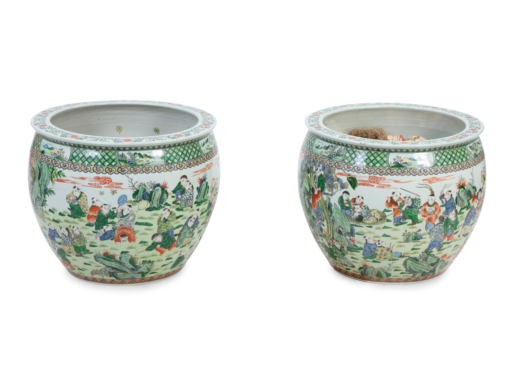 A Pair of Chinese Export Famille Verte Porcelain Jardinières — 20TH CENTURY