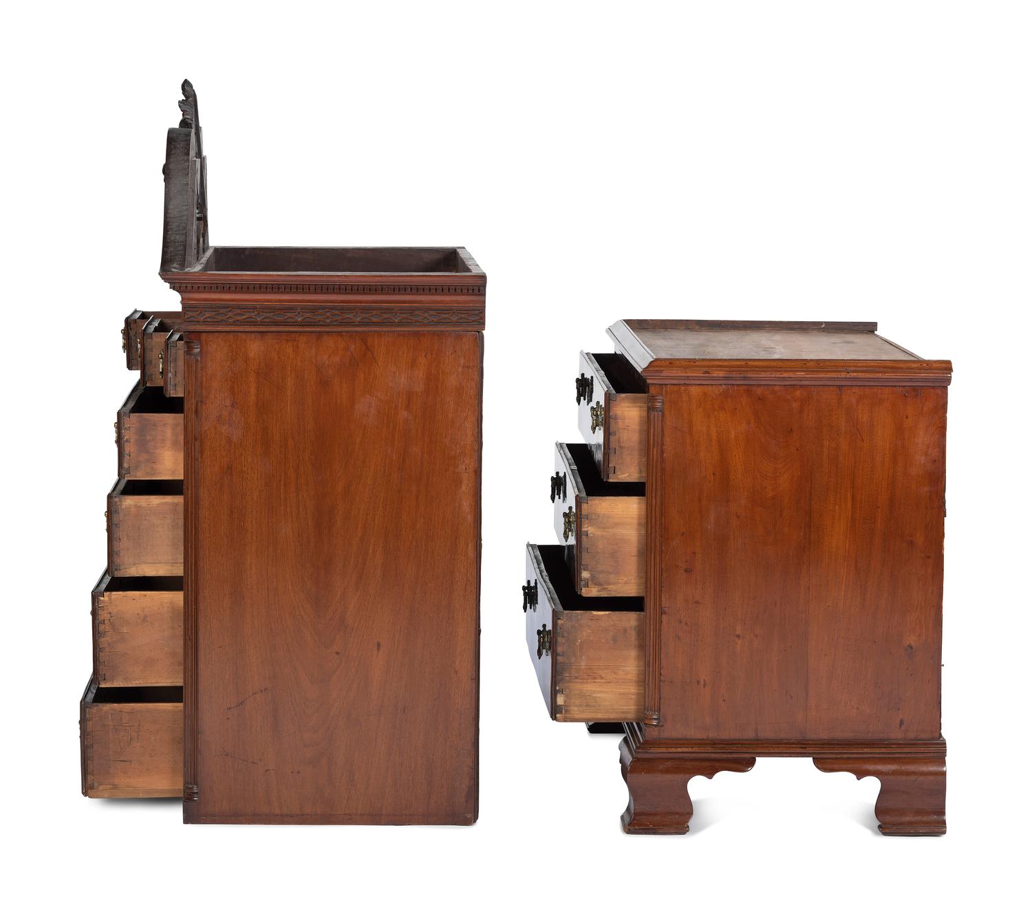 The Holcum Family Chippendale Pierce-Carved and Figured Mahogany Bonnet Top Chest-on-Chest