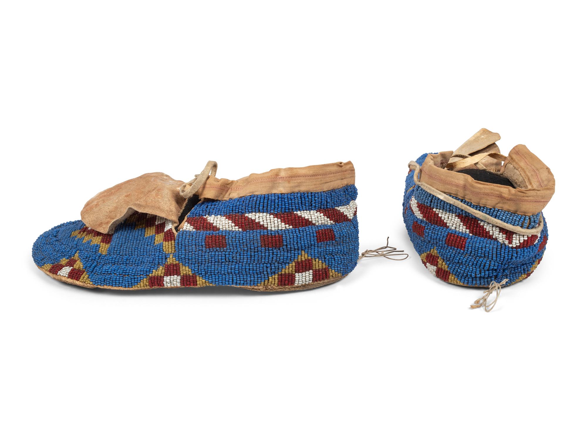 Assiniboine Beaded Hide Moccasins AND Beaded Hide Pouch