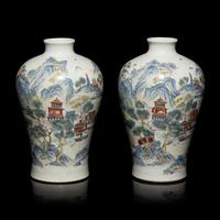 A Pair of Chinese Famille Rose 'Landscape' Porcelain Vases, 20th Century — 近代 粉彩亭台山水圖梅瓶一對