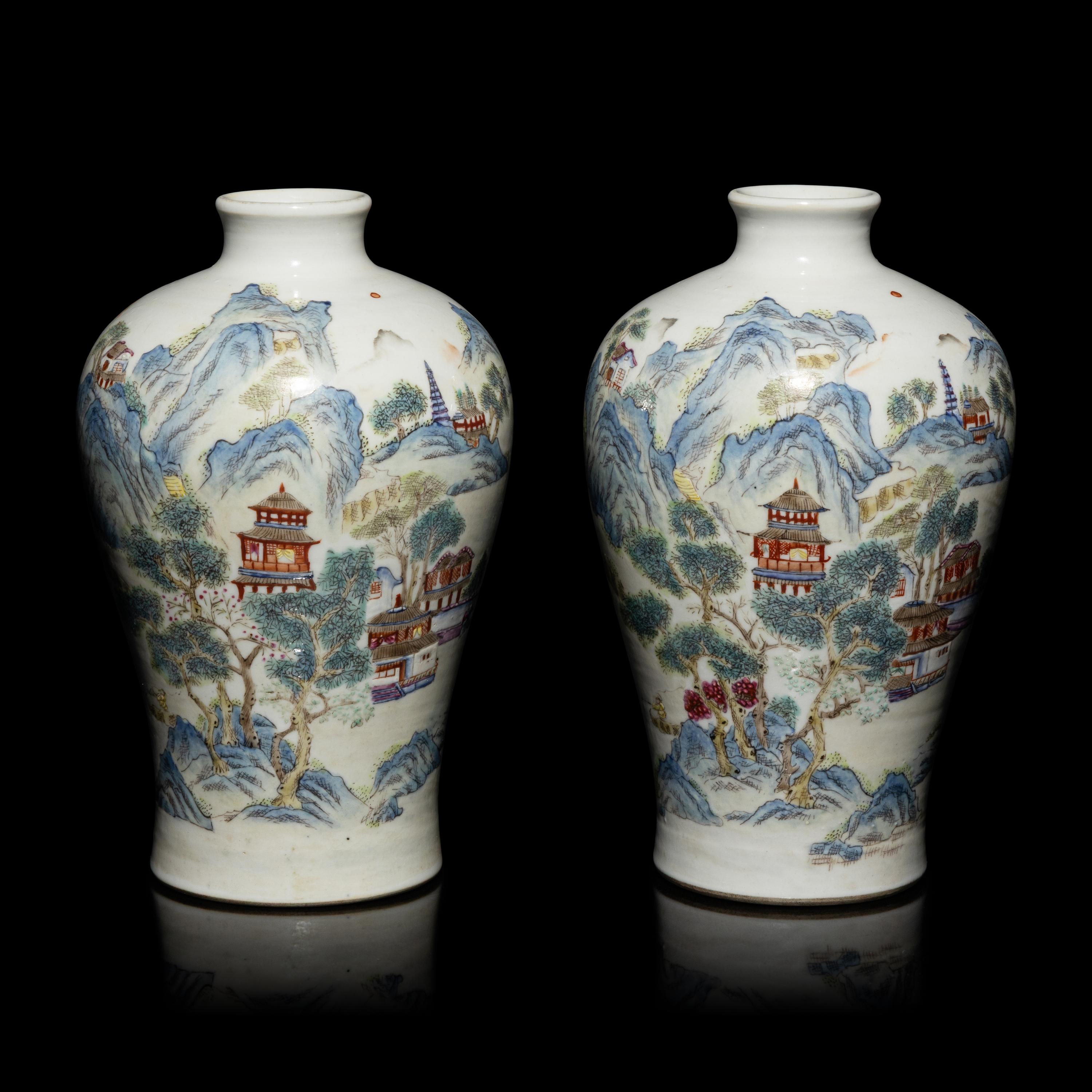 A Pair of Chinese Famille Rose 'Landscape' Porcelain Vases, 20th Century — 近代 粉彩亭台山水圖梅瓶一對