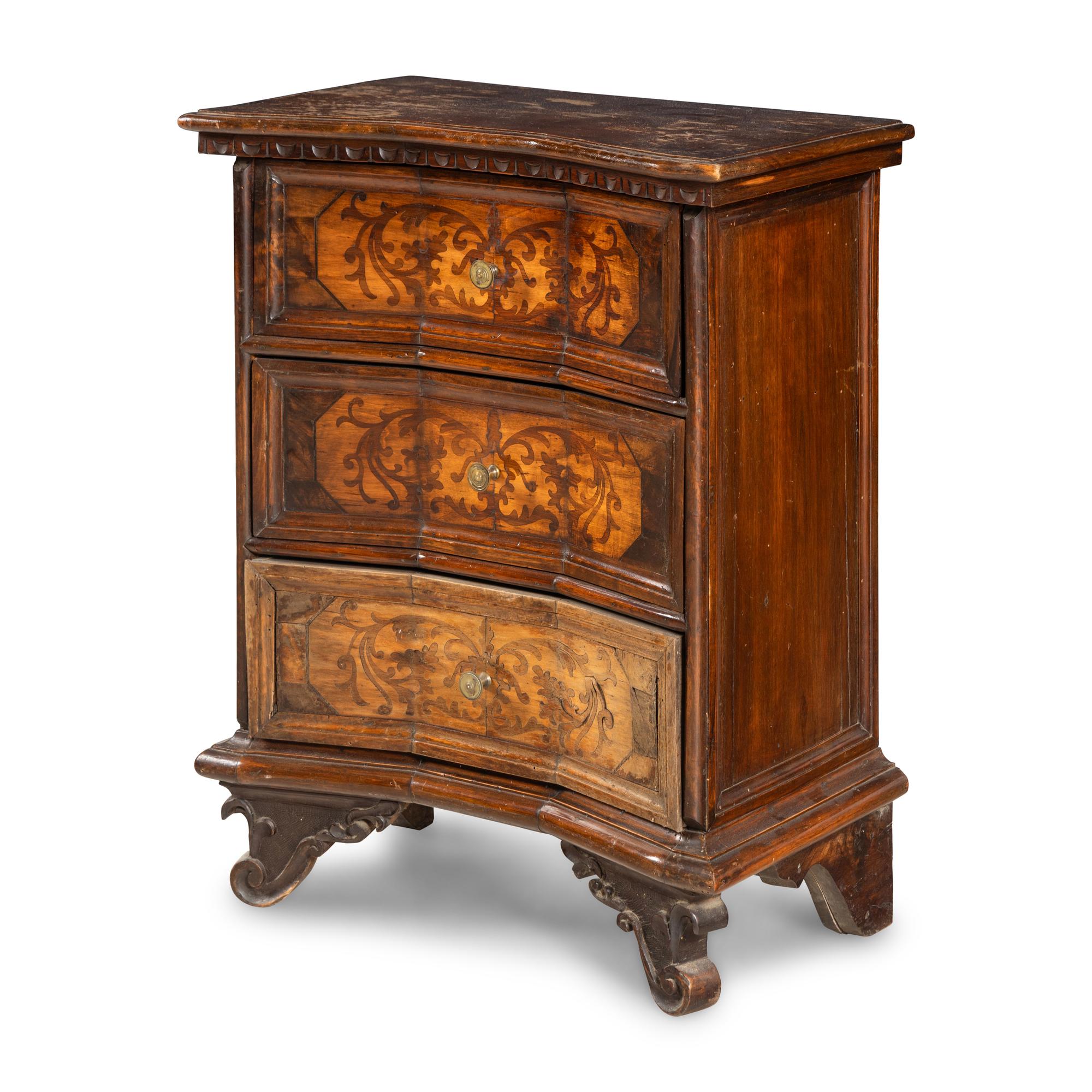 An Italian Baroque Style Inlaid Walnut Commodino