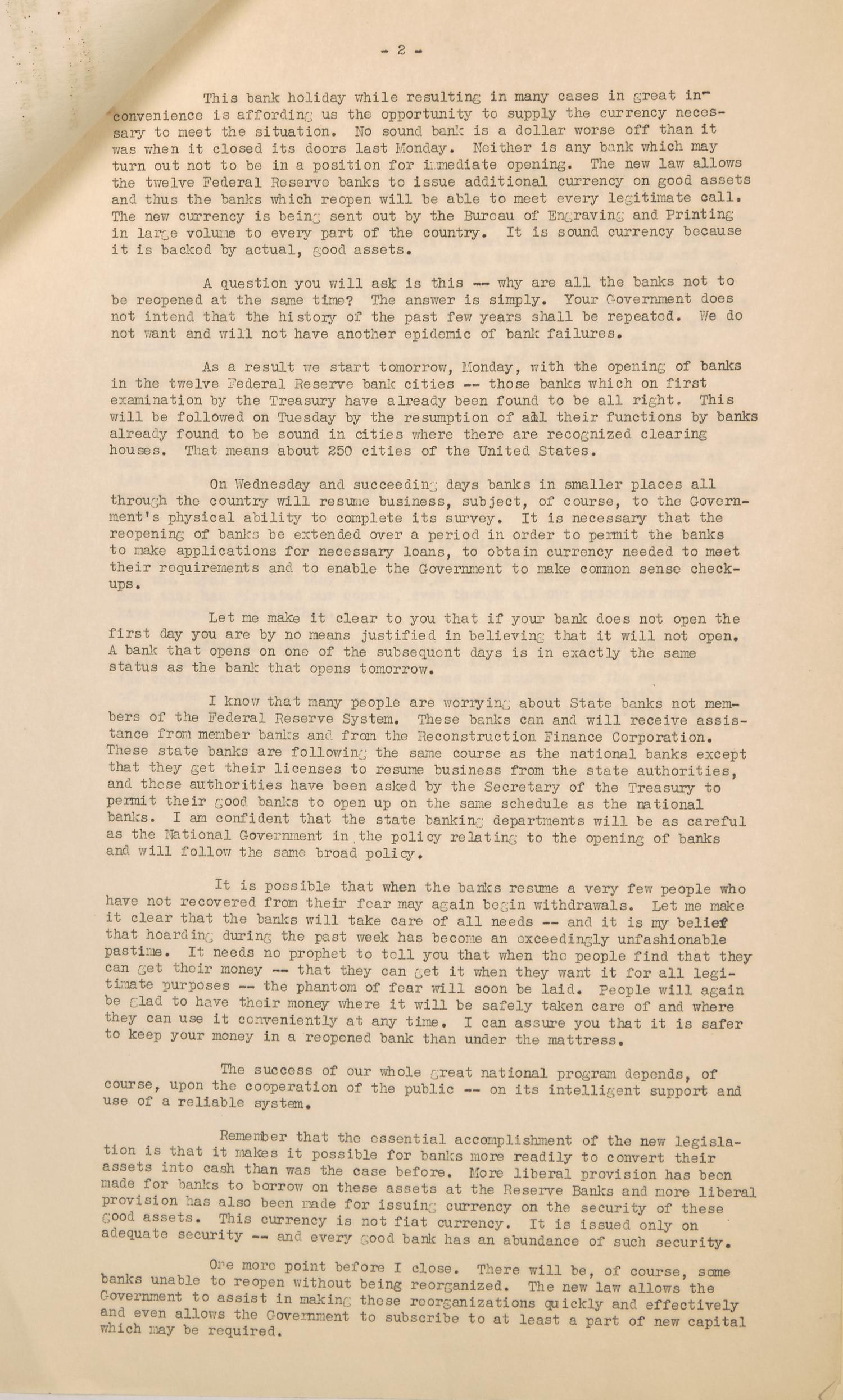 [Roosevelt, Franklin D.] Mimeographed Typescript Press Copy of the First Fireside Chat