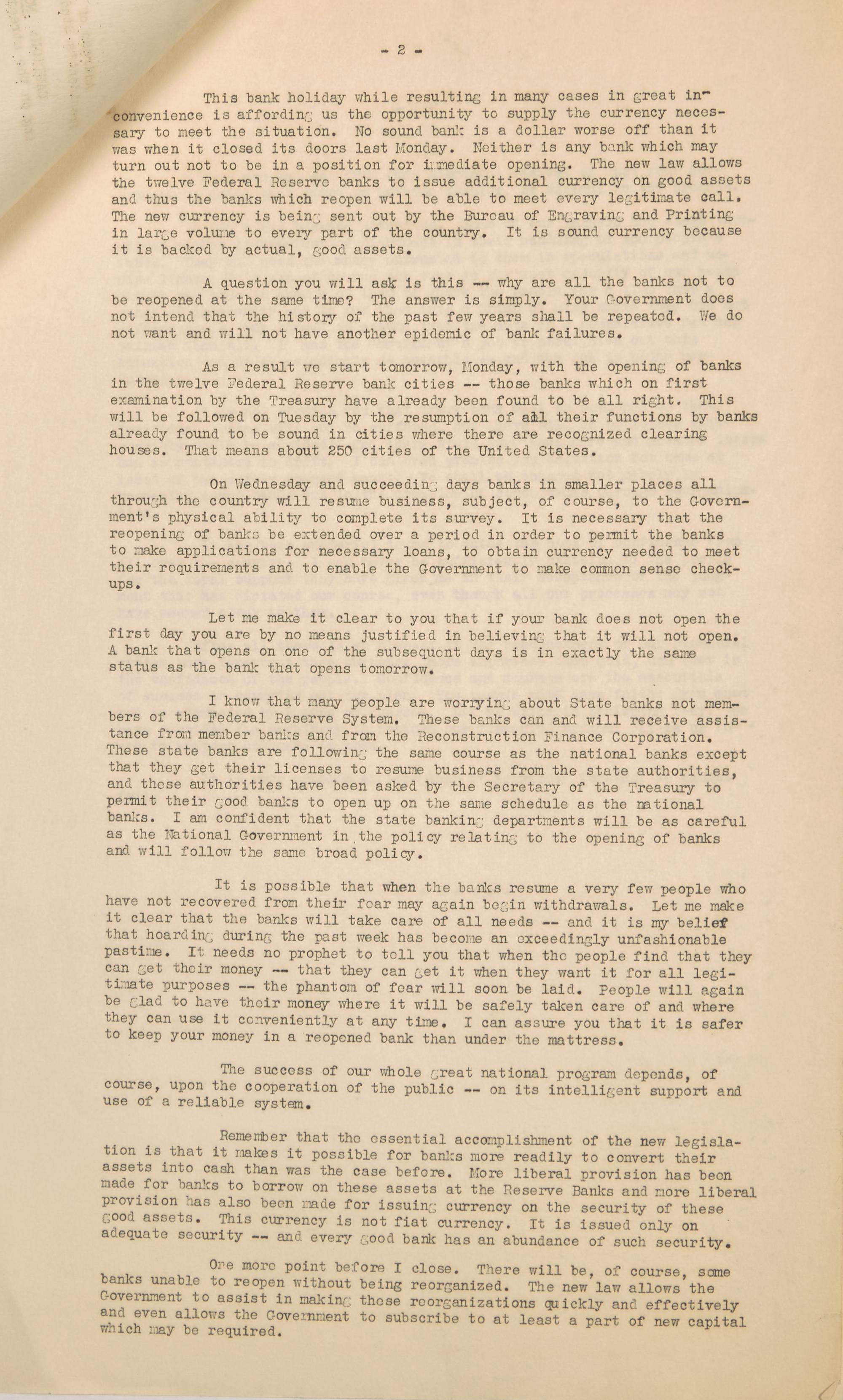 [Roosevelt, Franklin D.] Mimeographed Typescript Press Copy of the First Fireside Chat