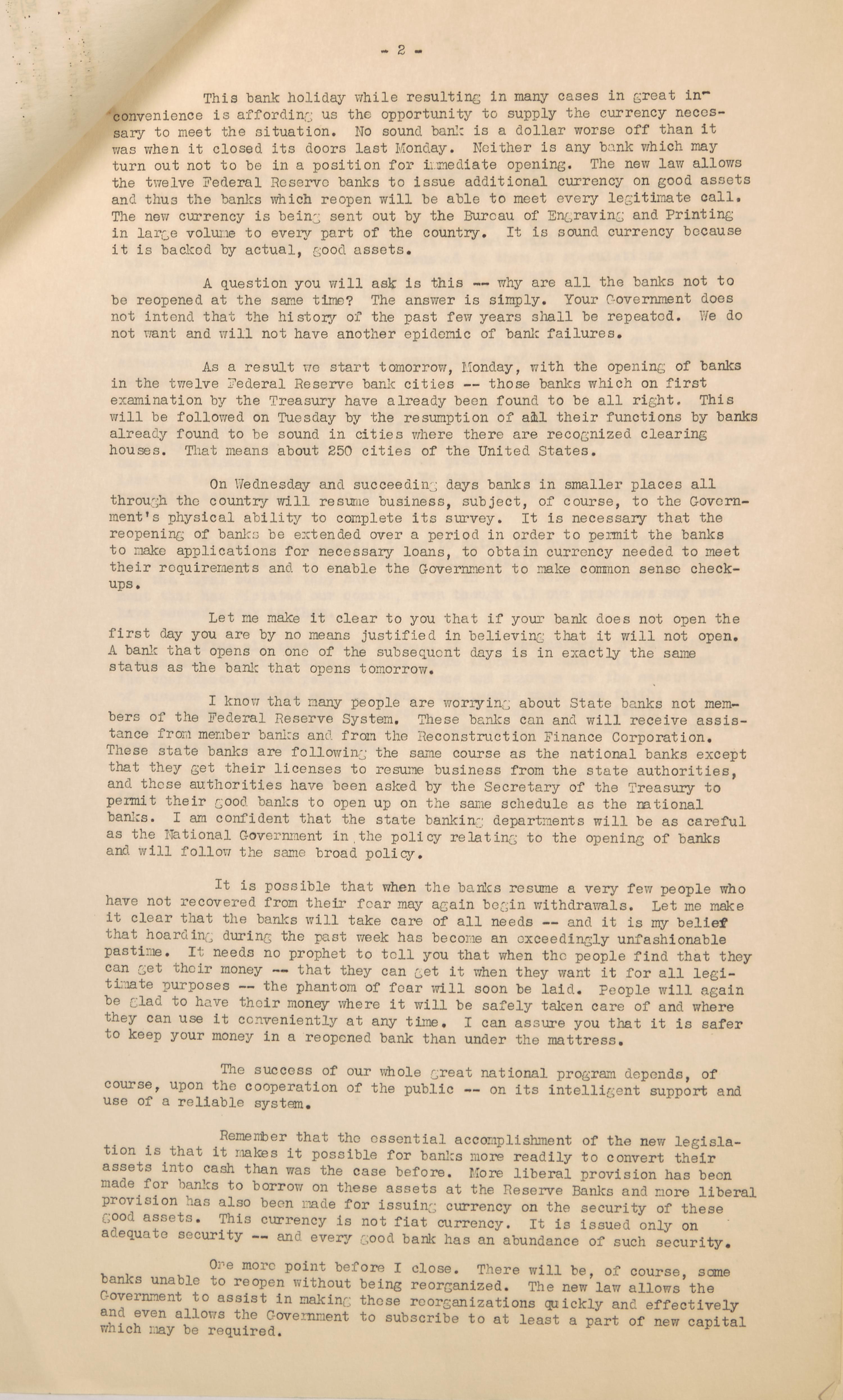 [Roosevelt, Franklin D.] Mimeographed Typescript Press Copy of the First Fireside Chat