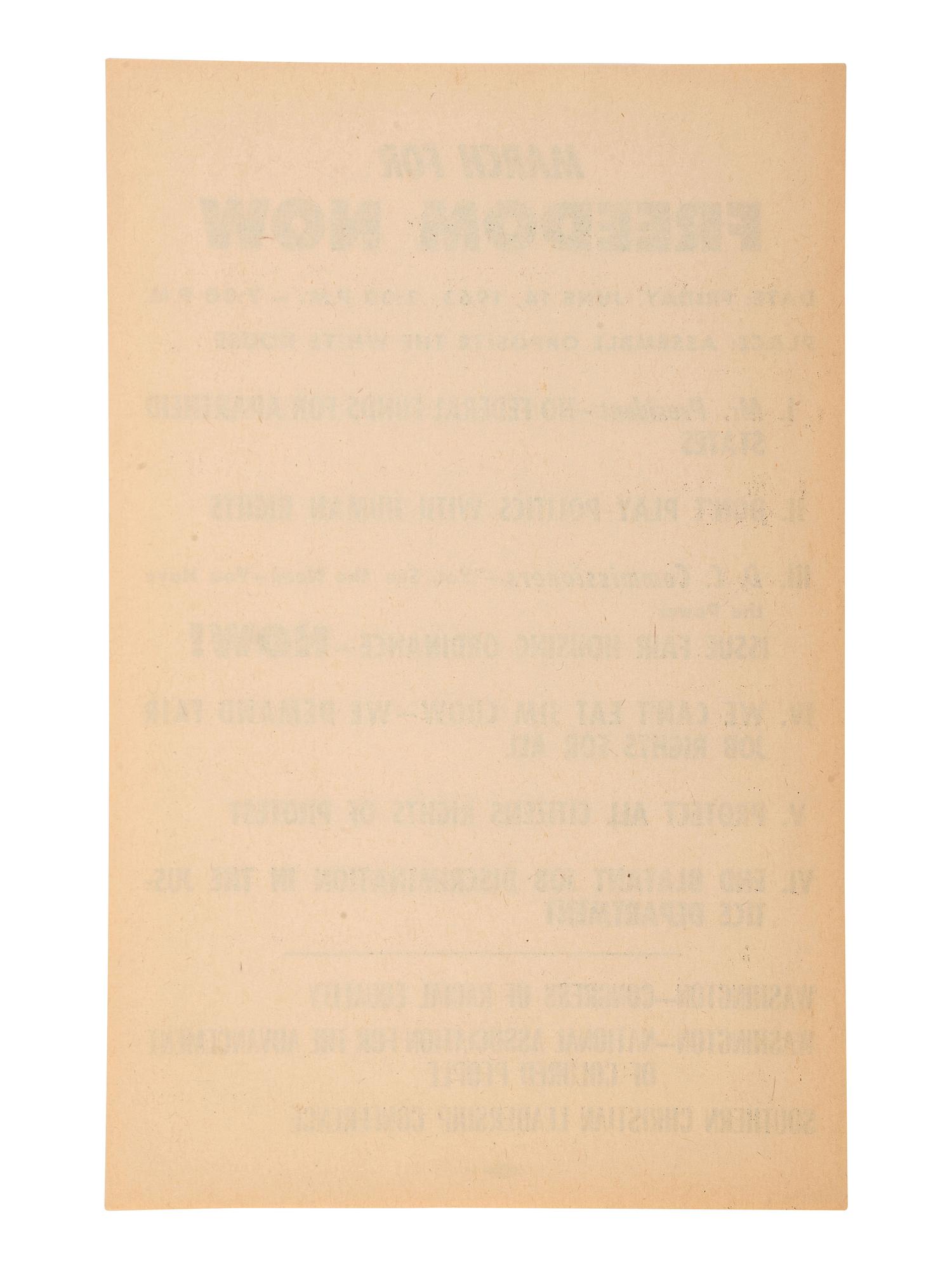 [CIVIL RIGHTS]. March for Freedom Now...Assemble Opposite the White House . [Washington, DC], 14 June 1963. Handbill for march scheduled three days after John F. Kennedy's televised civil rights address.