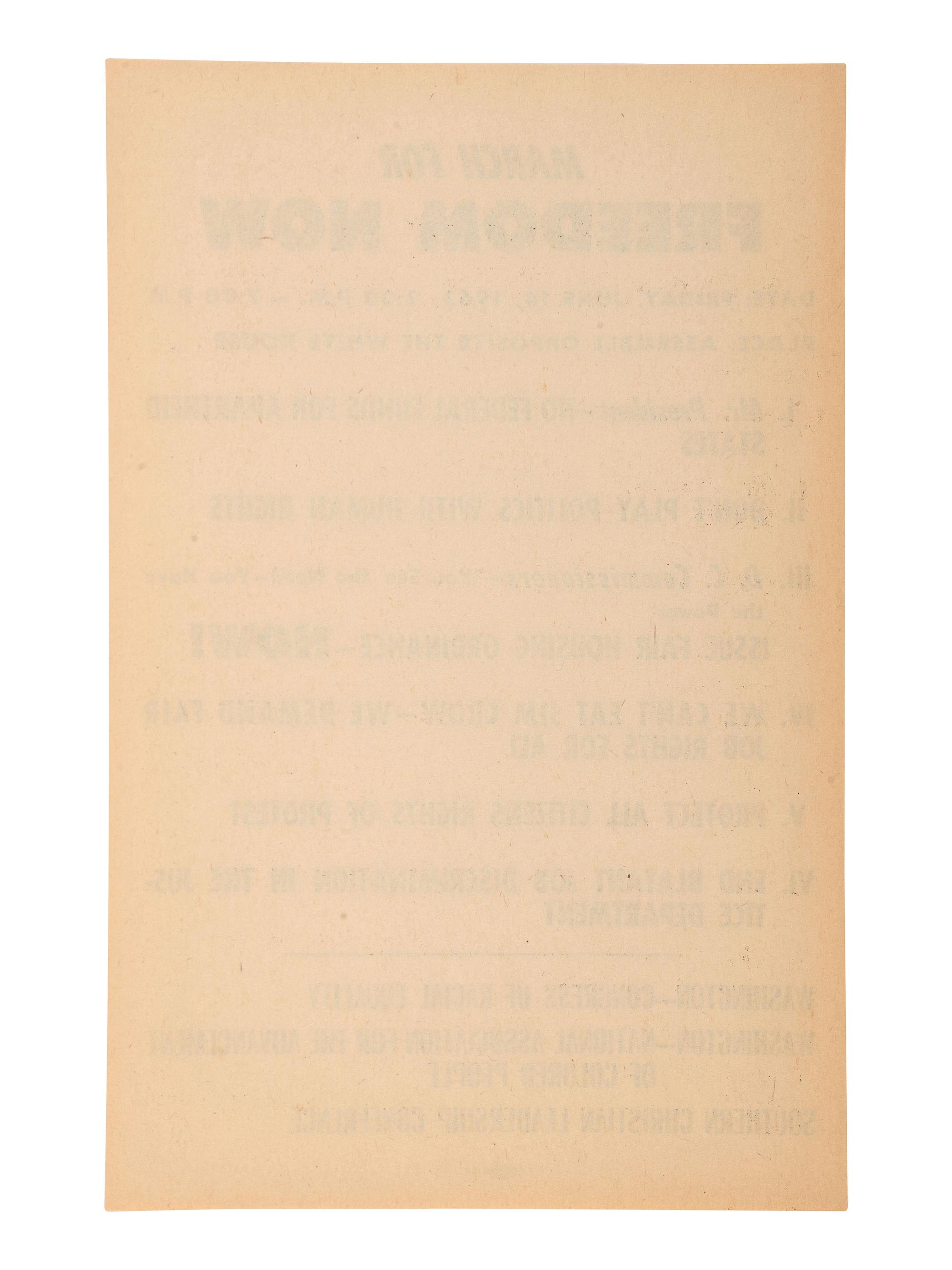 [CIVIL RIGHTS]. March for Freedom Now...Assemble Opposite the White House . [Washington, DC], 14 June 1963. Handbill for march scheduled three days after John F. Kennedy's televised civil rights address.