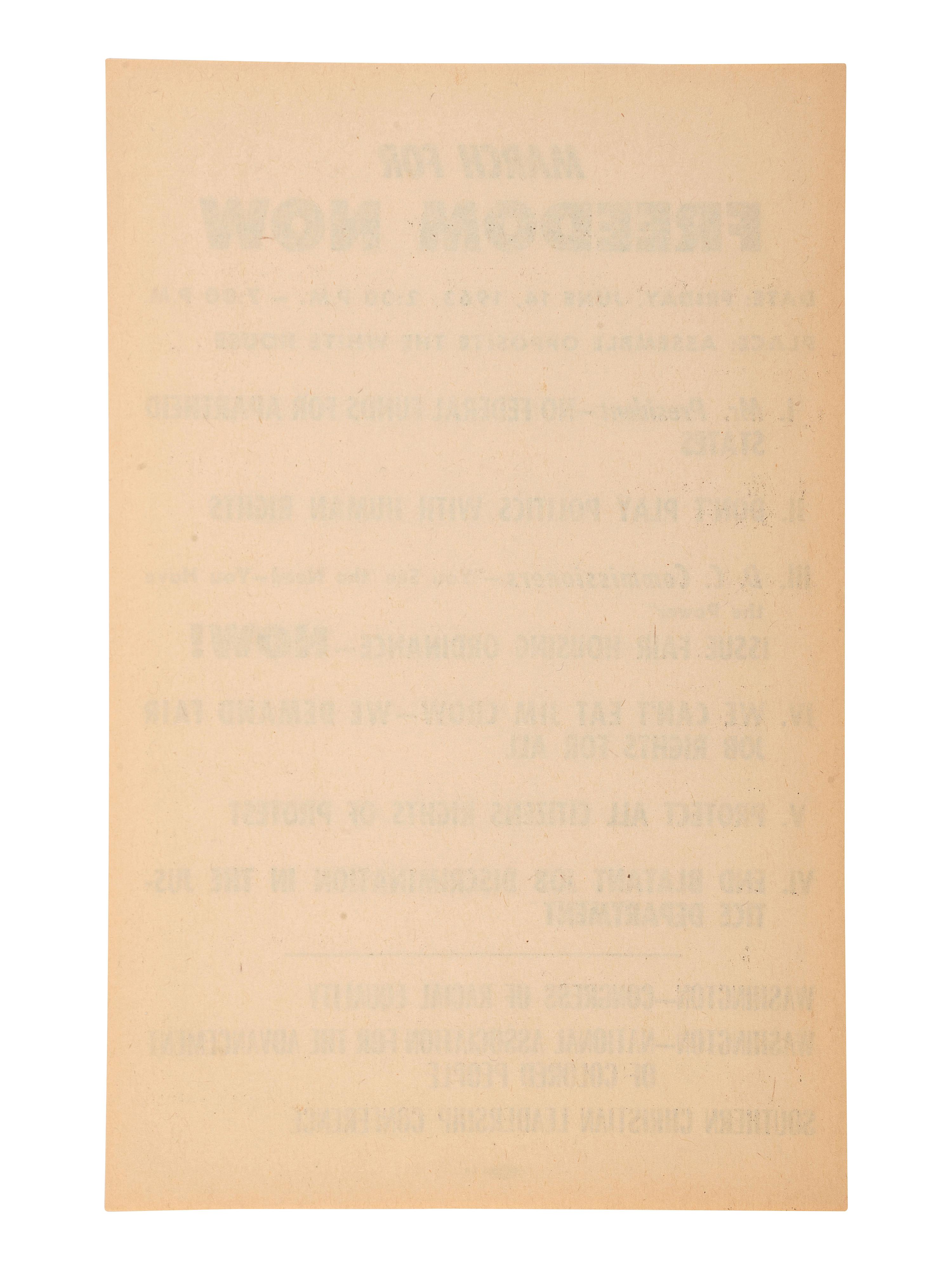[CIVIL RIGHTS]. March for Freedom Now...Assemble Opposite the White House . [Washington, DC], 14 June 1963. Handbill for march scheduled three days after John F. Kennedy's televised civil rights address.