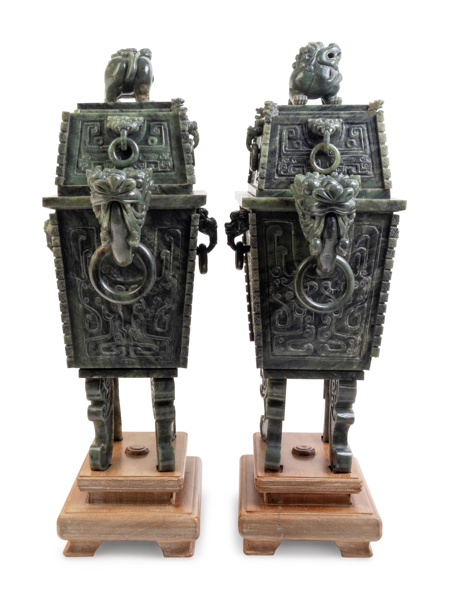 A Pair of Large Chinese Export Carved Hardstone Covered Vessels