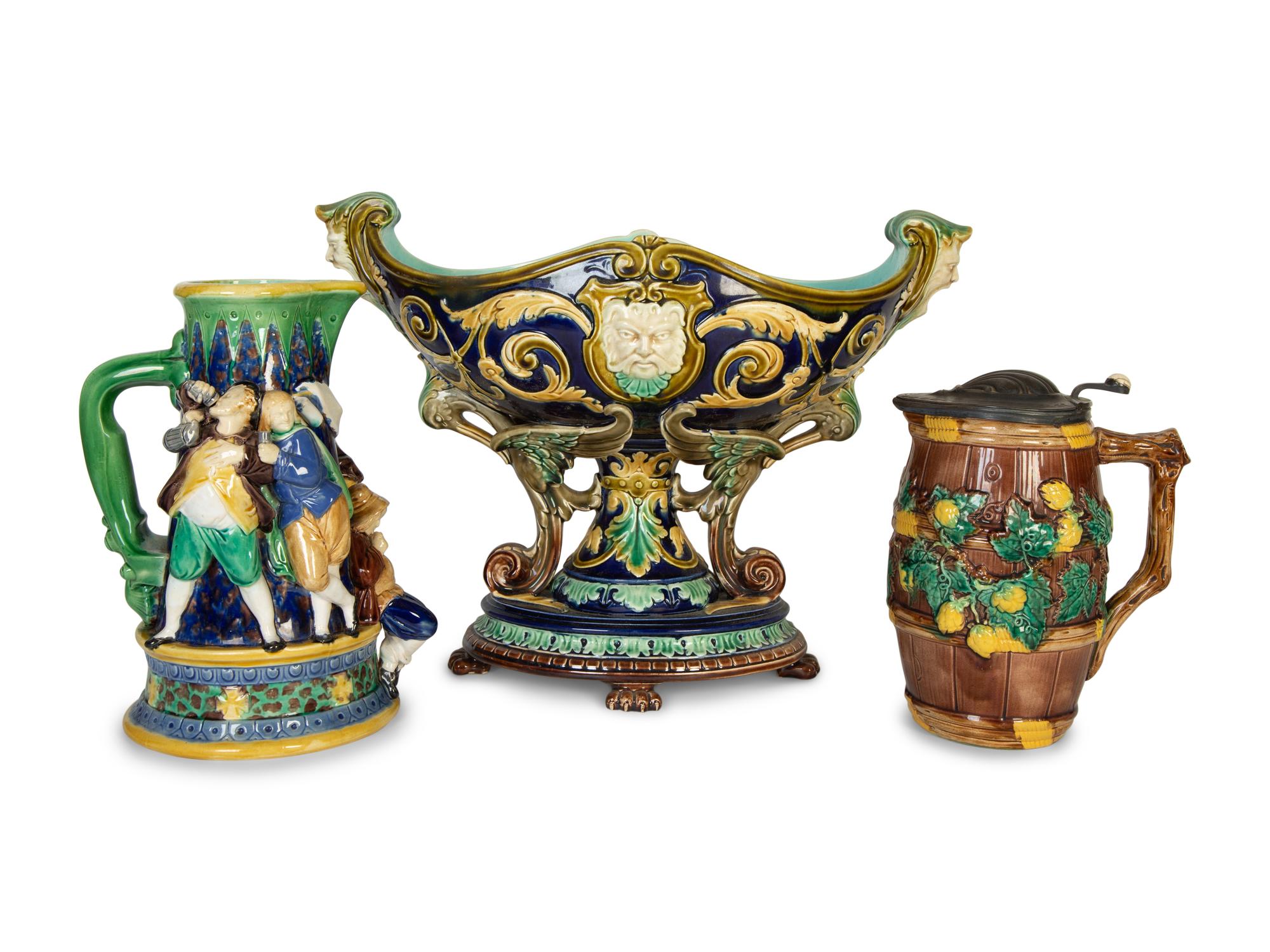 An English Majolica Compote and a Minton Majolica Pitcher and Lidded Jug — 19th Century