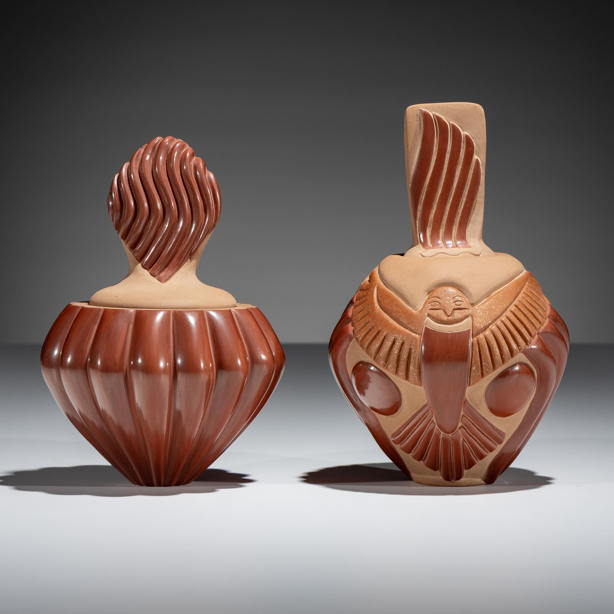 Carved Redware Pottery Vases
