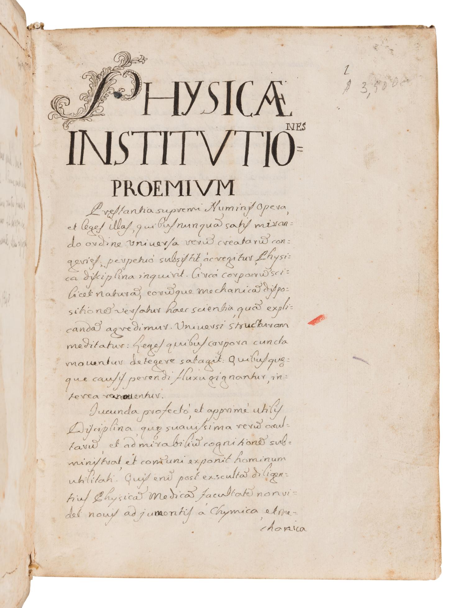 [MANUSCRIPT - PHYSICS]. "Physicae Institutioues." Italy, 1740.