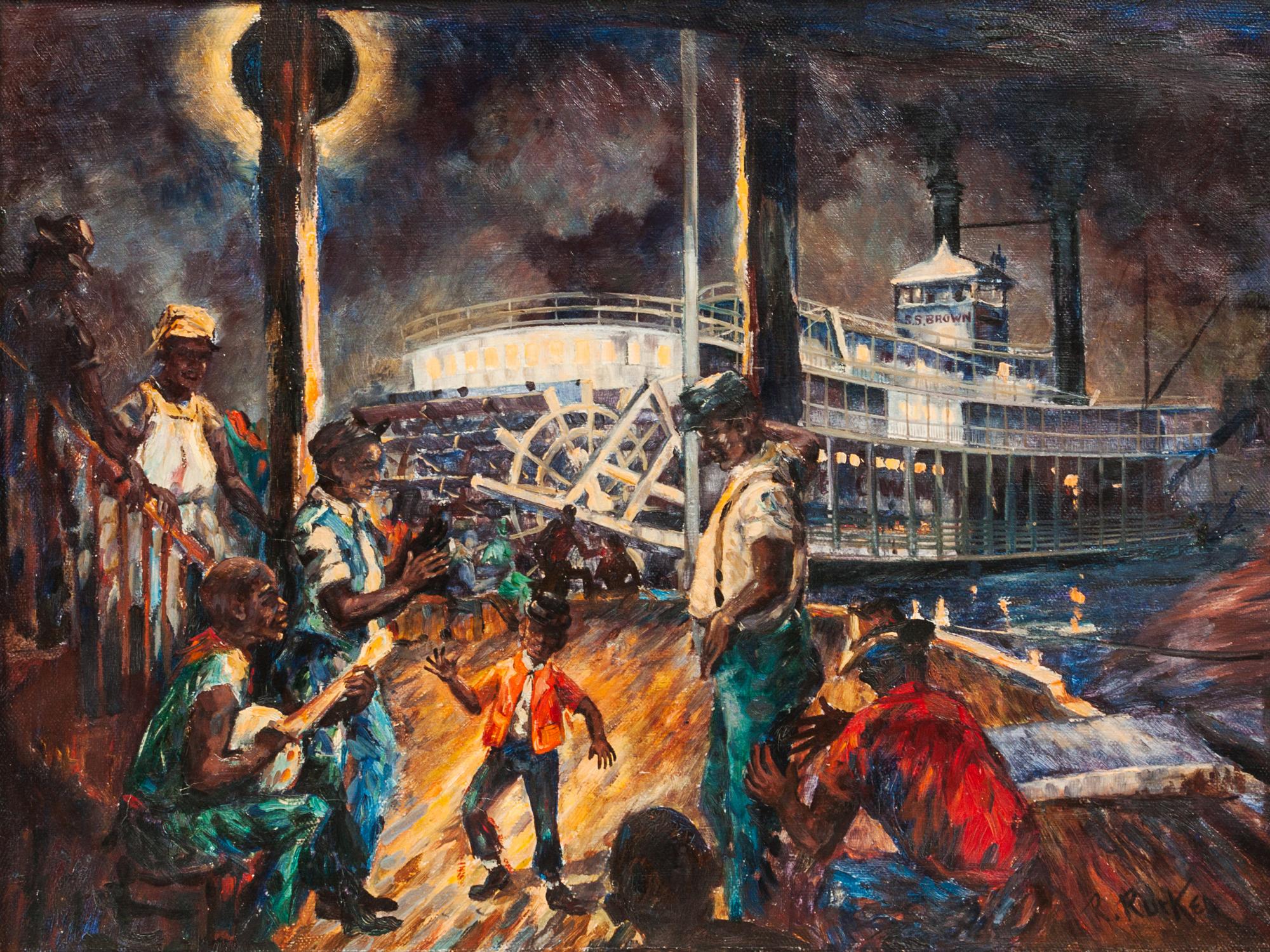 Robert Rucker, (American, 1932-2001), Dockside Banjo Player with Riverboat at Night