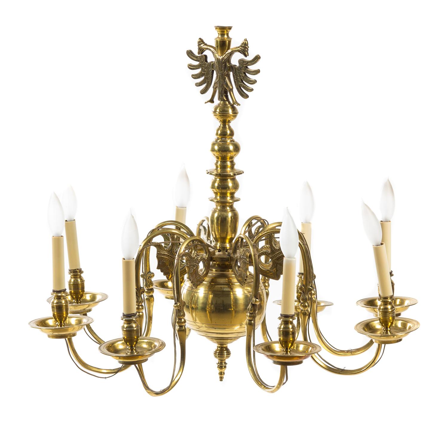 A Dutch Baroque Style Brass Eight-Light Chandelier Diameter 29 1/2 inches.