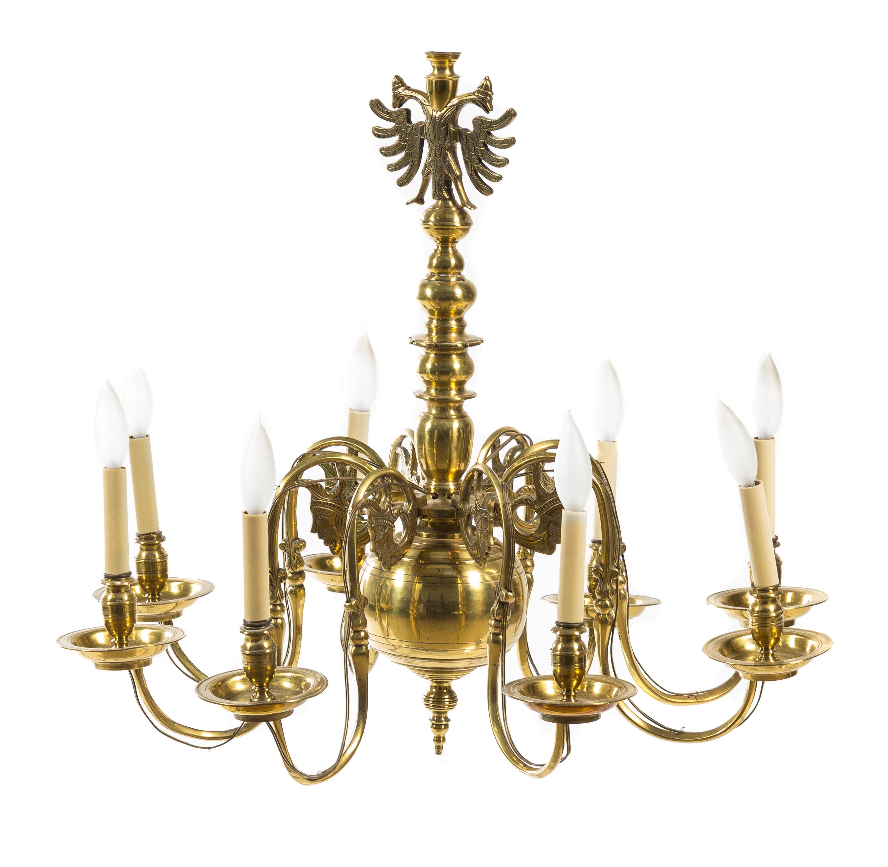 A Dutch Baroque Style Brass Eight-Light Chandelier Diameter 29 1/2 inches.