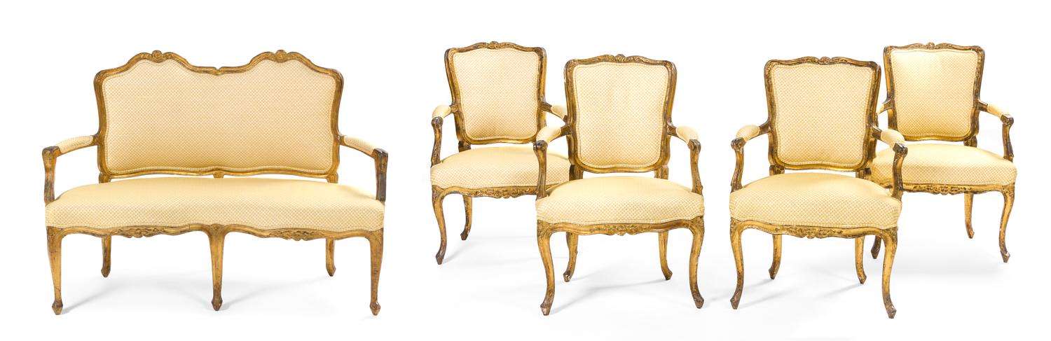 A Suite of South European Gilt Walnut Furniture, Width of canape 53 inches.