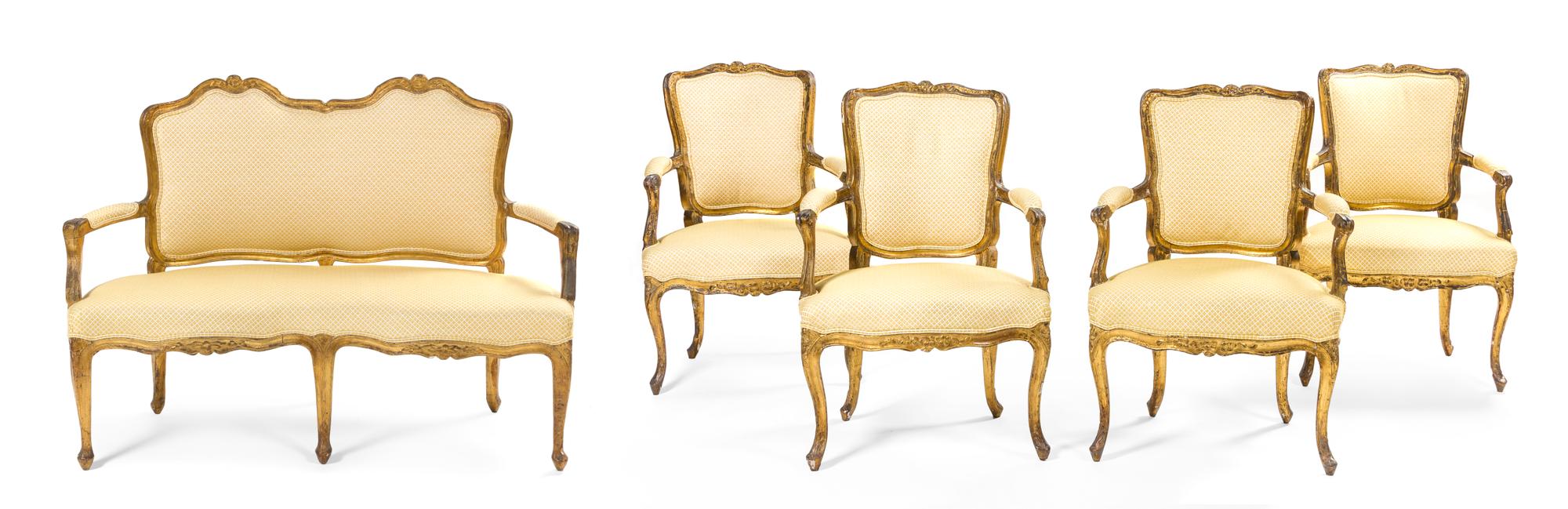 A Suite of South European Gilt Walnut Furniture, Width of canape 53 inches.