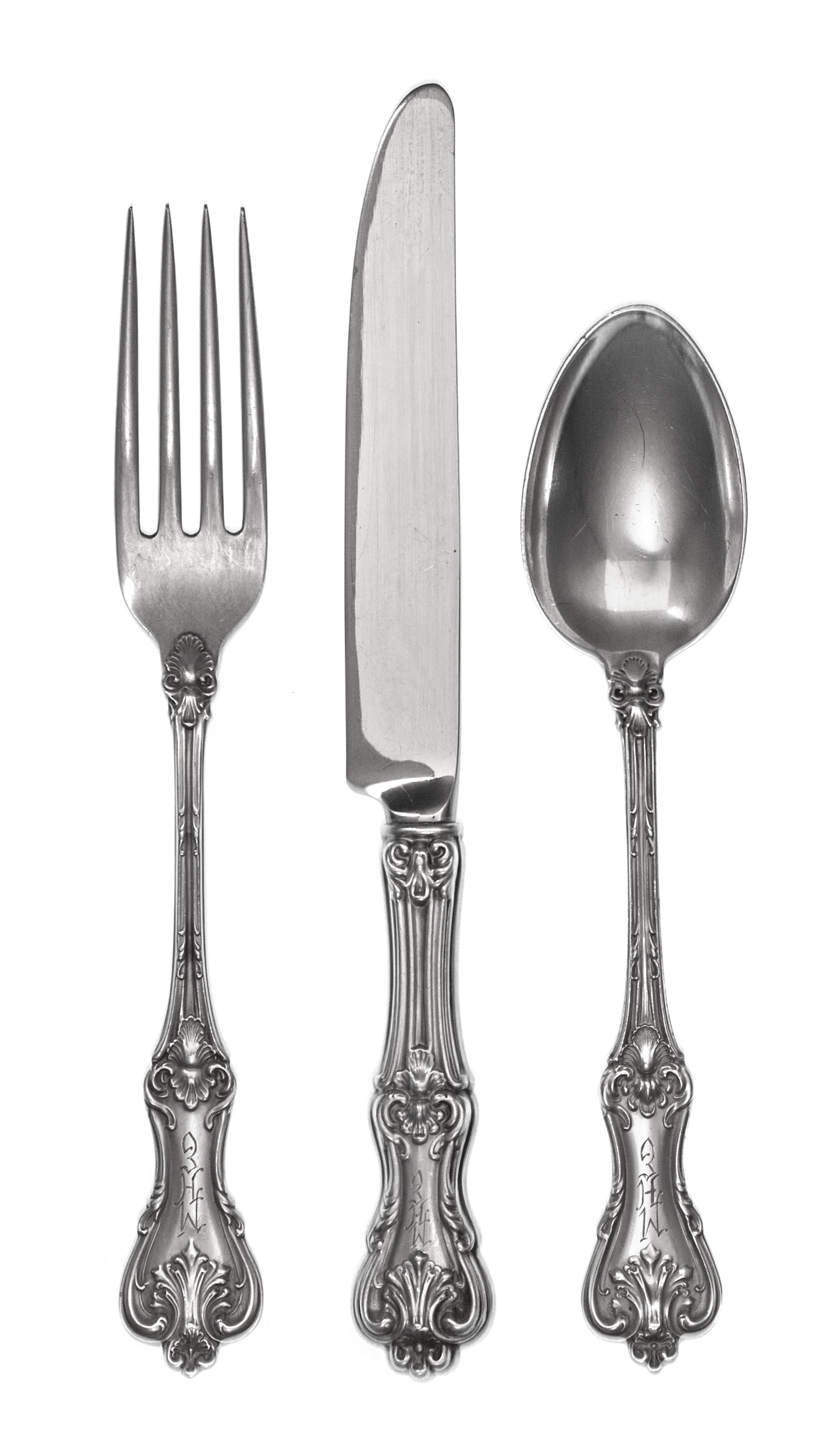 An American Silver Flatware Service, Frank W. Smith, Gardener, MA, Federal Cotillion pattern, the handles with the engraved script mono