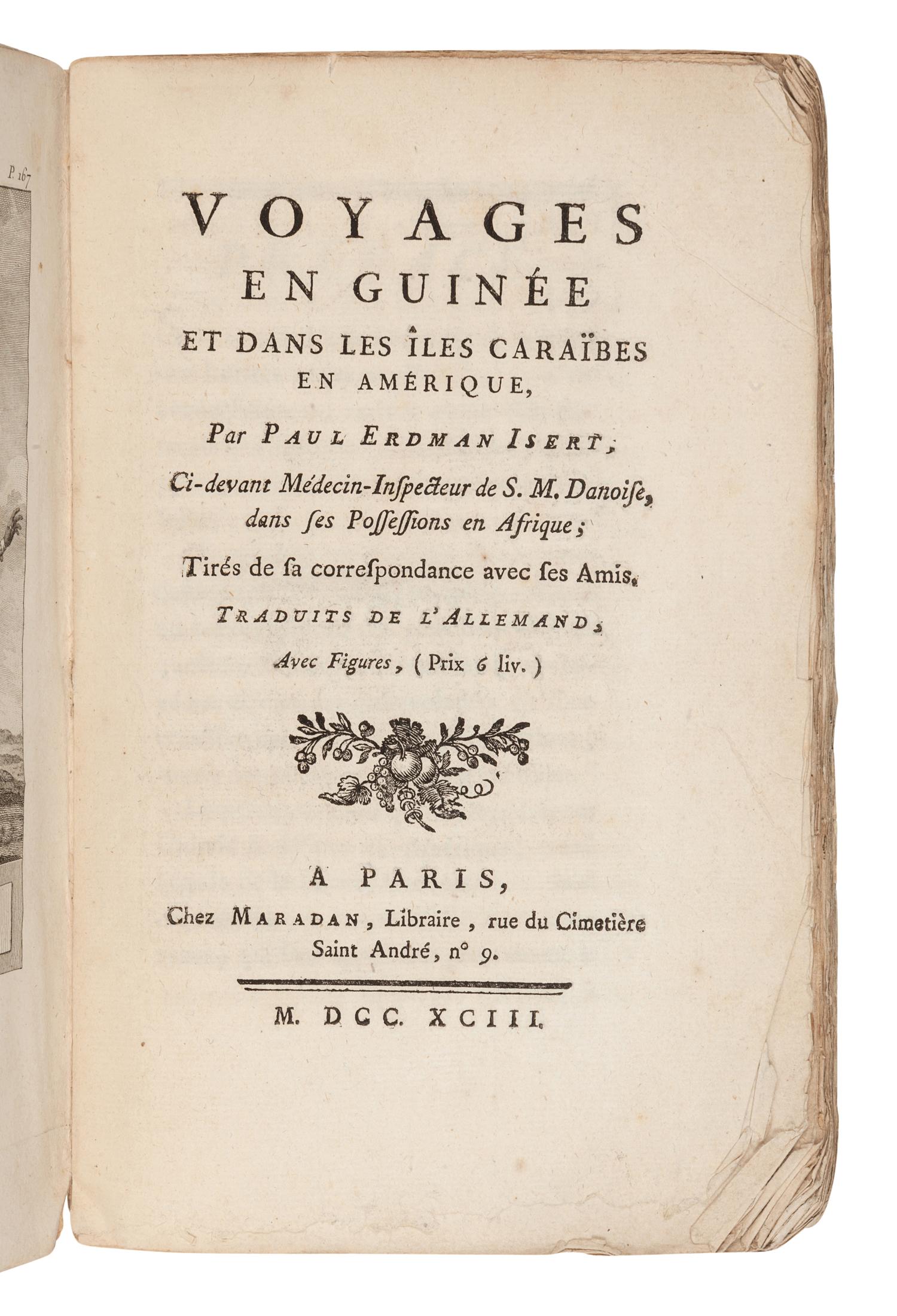 [TRAVEL & EXPLORATION]. ISERT, Paul Erdmann (1756-1789). Voyages en Guinée et dans les îles Caraïbes en Amérique. Paris: Chez Maradan, 1793.