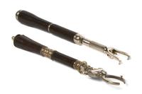 Two French Leather Handled Opera Glass Holders, Length of longer 7 3/4 inches (closed).