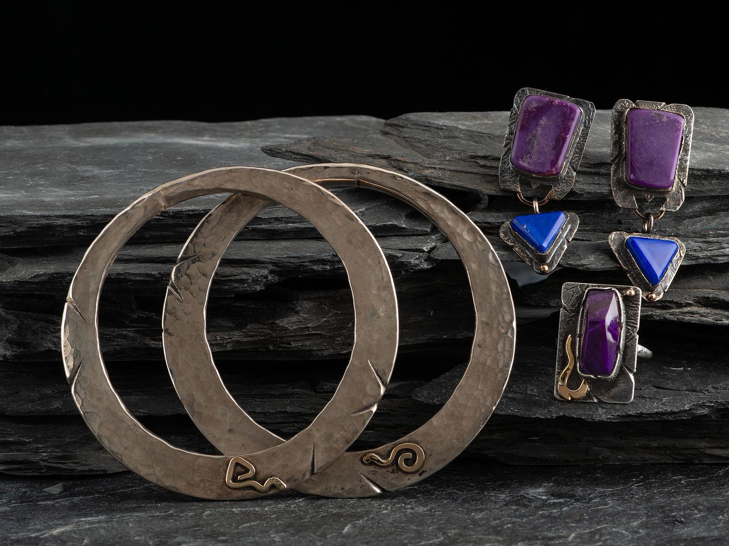 Sterling Silver Bangle Bracelets, Ring, and Earrings with 14K Gold Accents