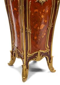 A Pair of Louis XV Style Gilt Bronze Mounted Marquetry Marble-Top Pedestals
