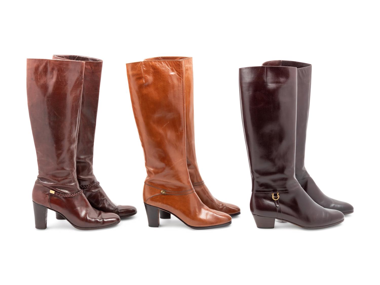 Three Pairs of Salvatore Ferragamo Tall Leather Boots, 1980-2000s