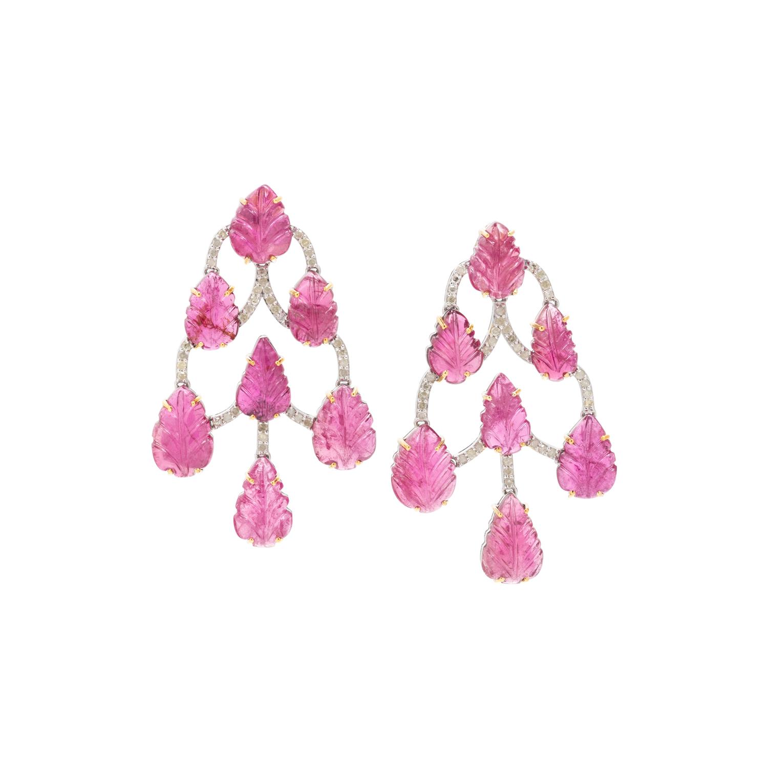 CARVED PINK TOURMALINE AND DIAMOND EARRINGS