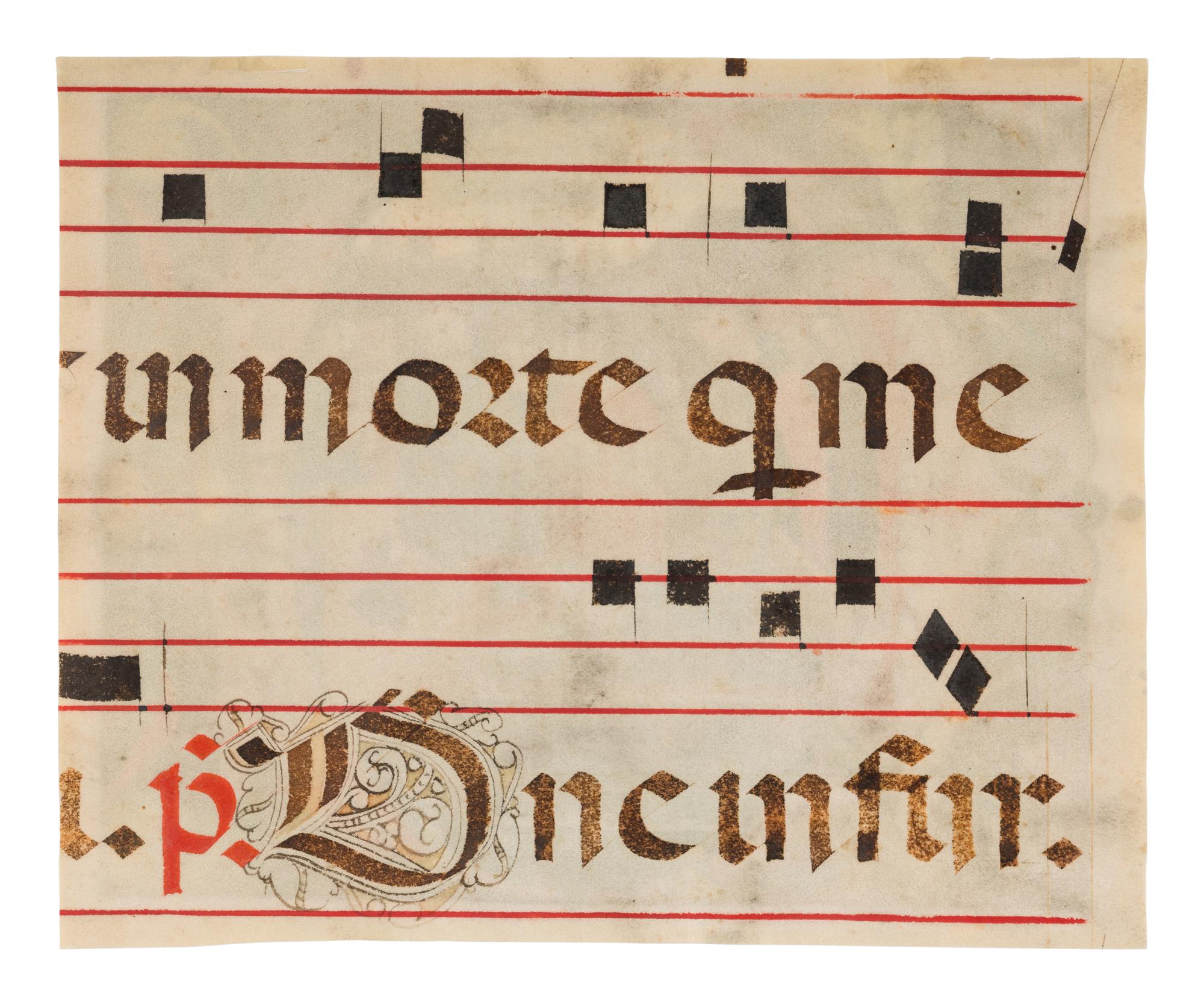 NORTH ITALIAN ILLUMINATOR A partial leaf from a Choir Book, with a historiated initial ‘C’ of the Funeral Service, in Latin, illuminated manuscript on parchment [Italy, Lombardy or Piedmont, c. 1490-1500]