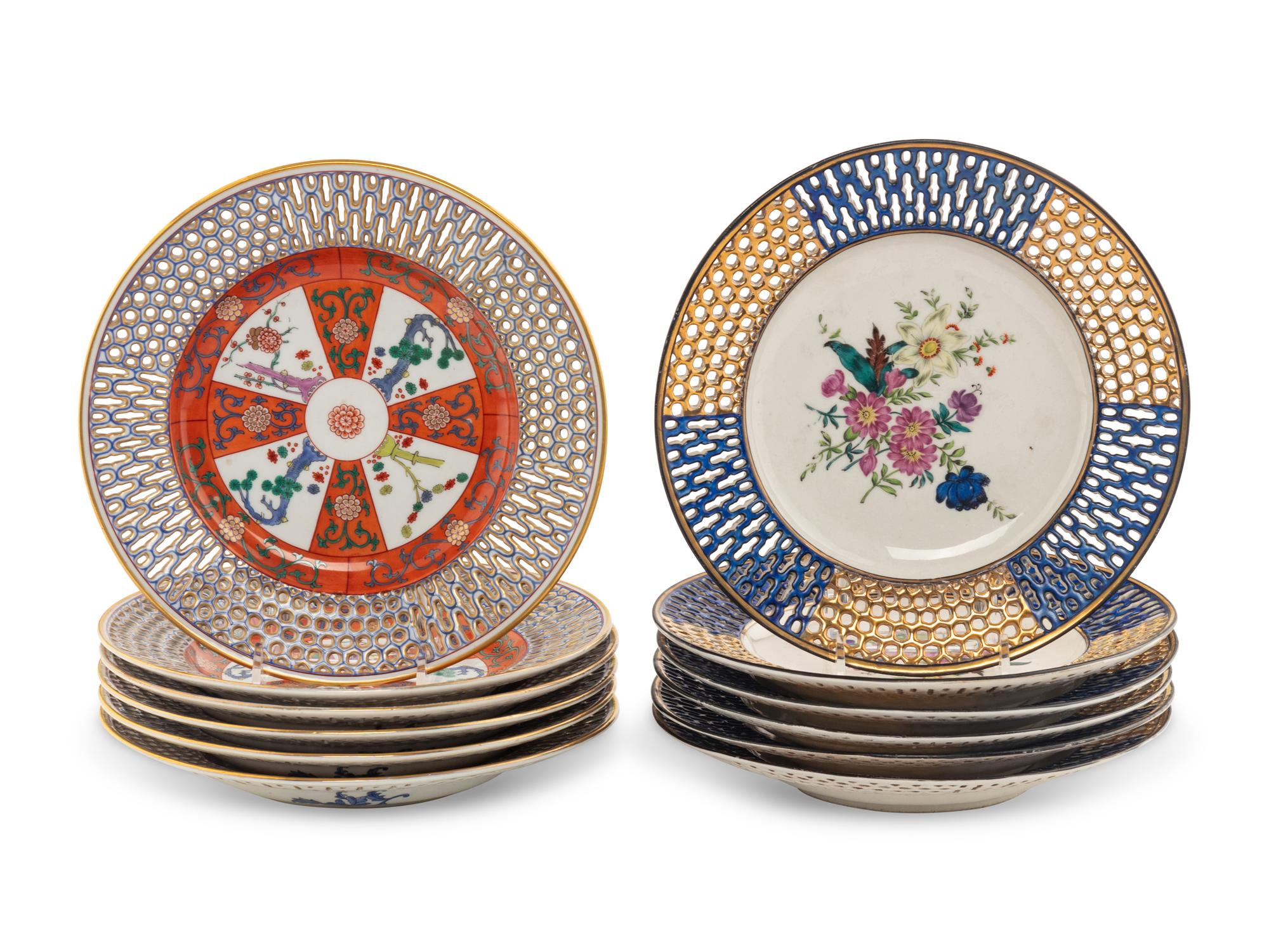Two Sets of Six Herend Porcelain Reticulated Dessert Plates