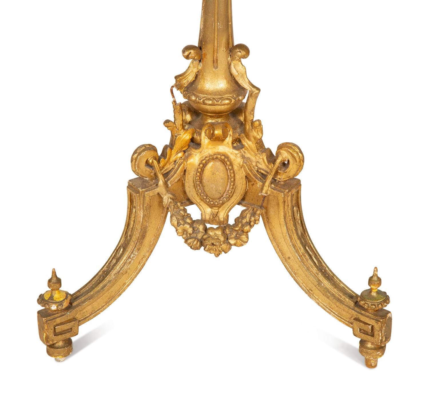 A Louis XVI Style Carved Giltwood Tripod Table Base with an Associated Top
