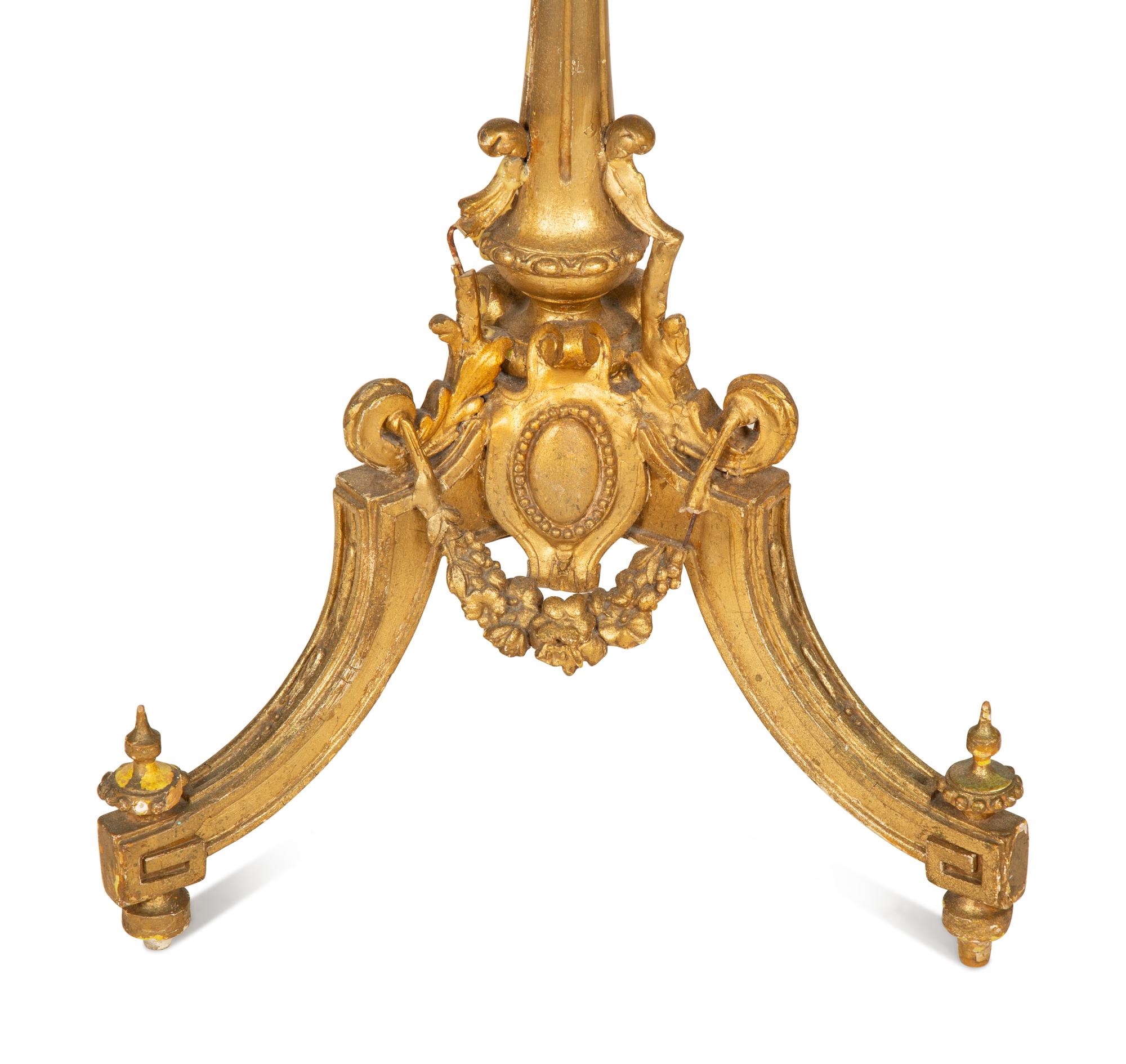 A Louis XVI Style Carved Giltwood Tripod Table Base with an Associated Top