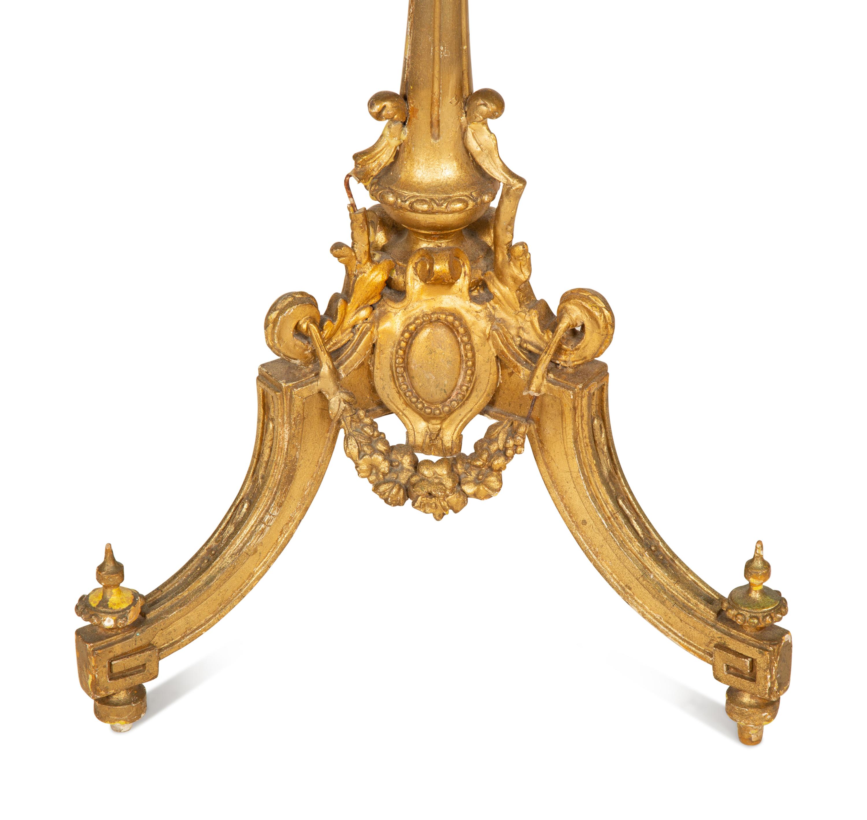 A Louis XVI Style Carved Giltwood Tripod Table Base with an Associated Top