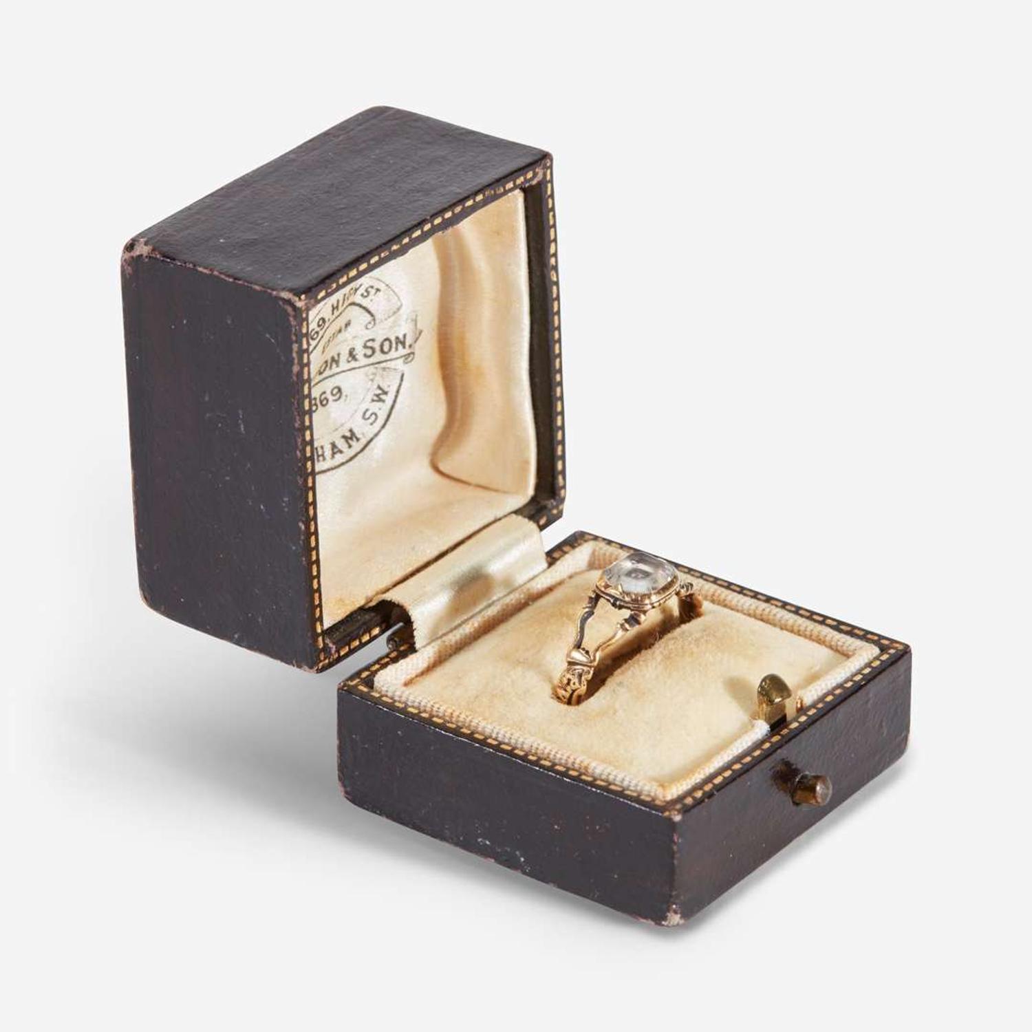 An American gold, enamel, and rock crystal mourning ring in memory of Rebecca Woodhull (1741-1764) of New Haven, CT Attributed to Richard Cutler (1736-1810), New Haven, CT, dated "1764"