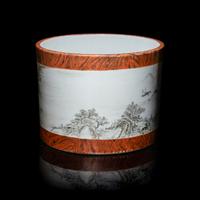 A Chinese Faux Bois and Grisaille Decorated 'Landscape' Brush Pot — 仿木紋釉墨彩高士策杖圖筆筒