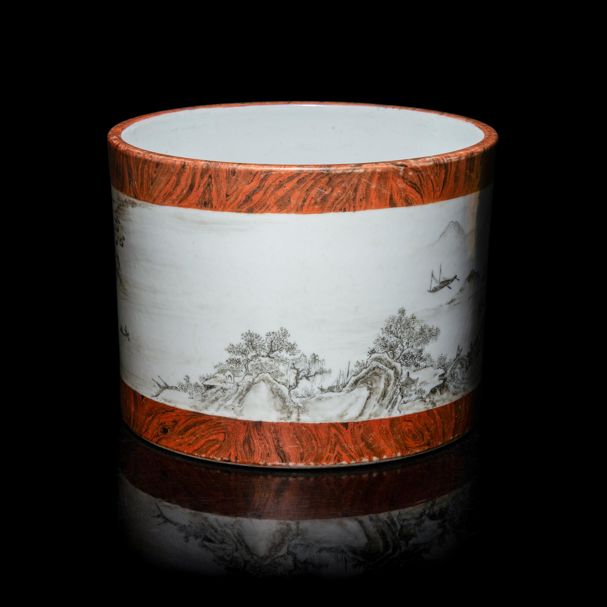 A Chinese Faux Bois and Grisaille Decorated 'Landscape' Brush Pot — 仿木紋釉墨彩高士策杖圖筆筒