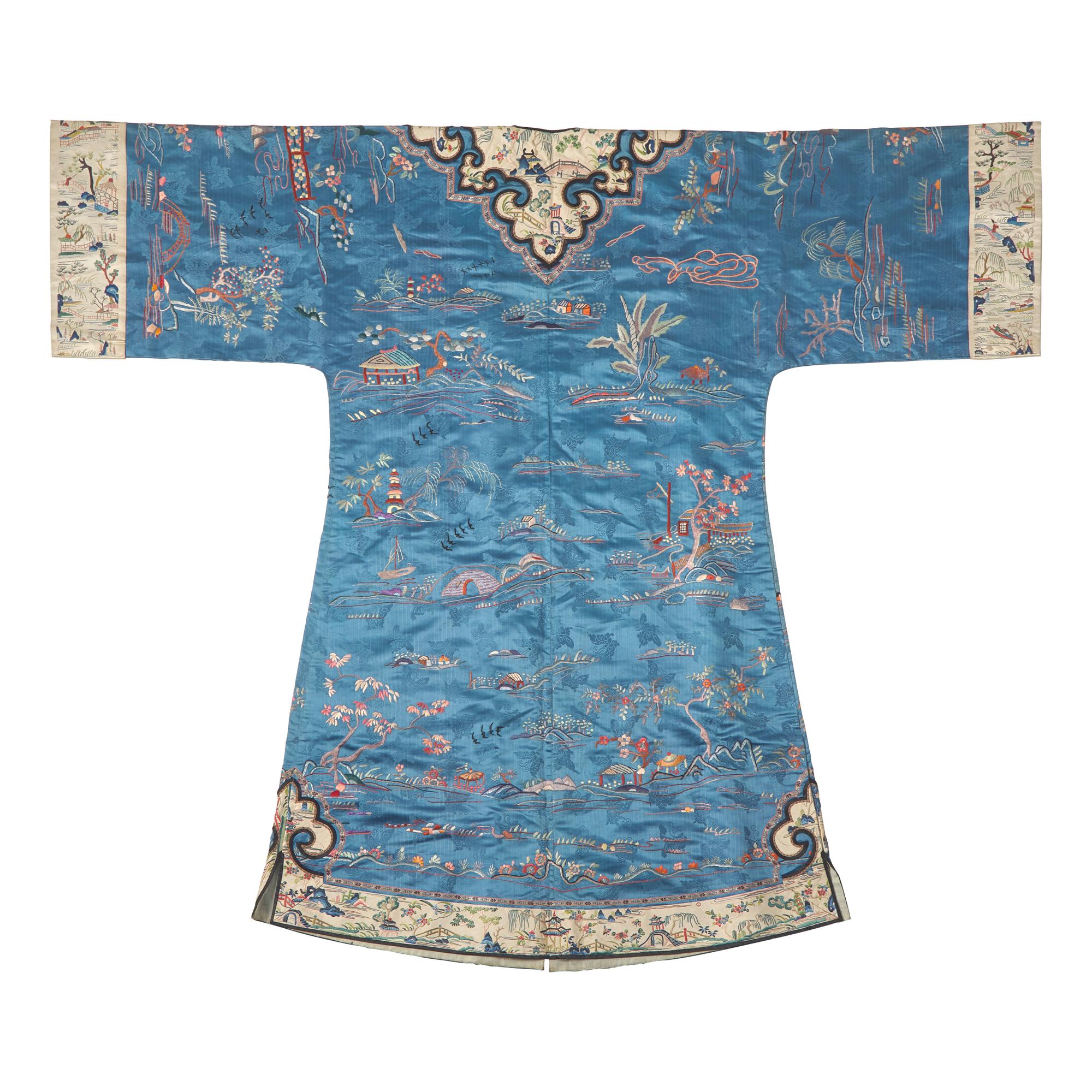 A Chinese Lady's Embroidered Silk "Landscapes" Surcoat, Late Qing Dynasty — 清晚期 月白蝴蝶暗花錦地綉山水紋女襖