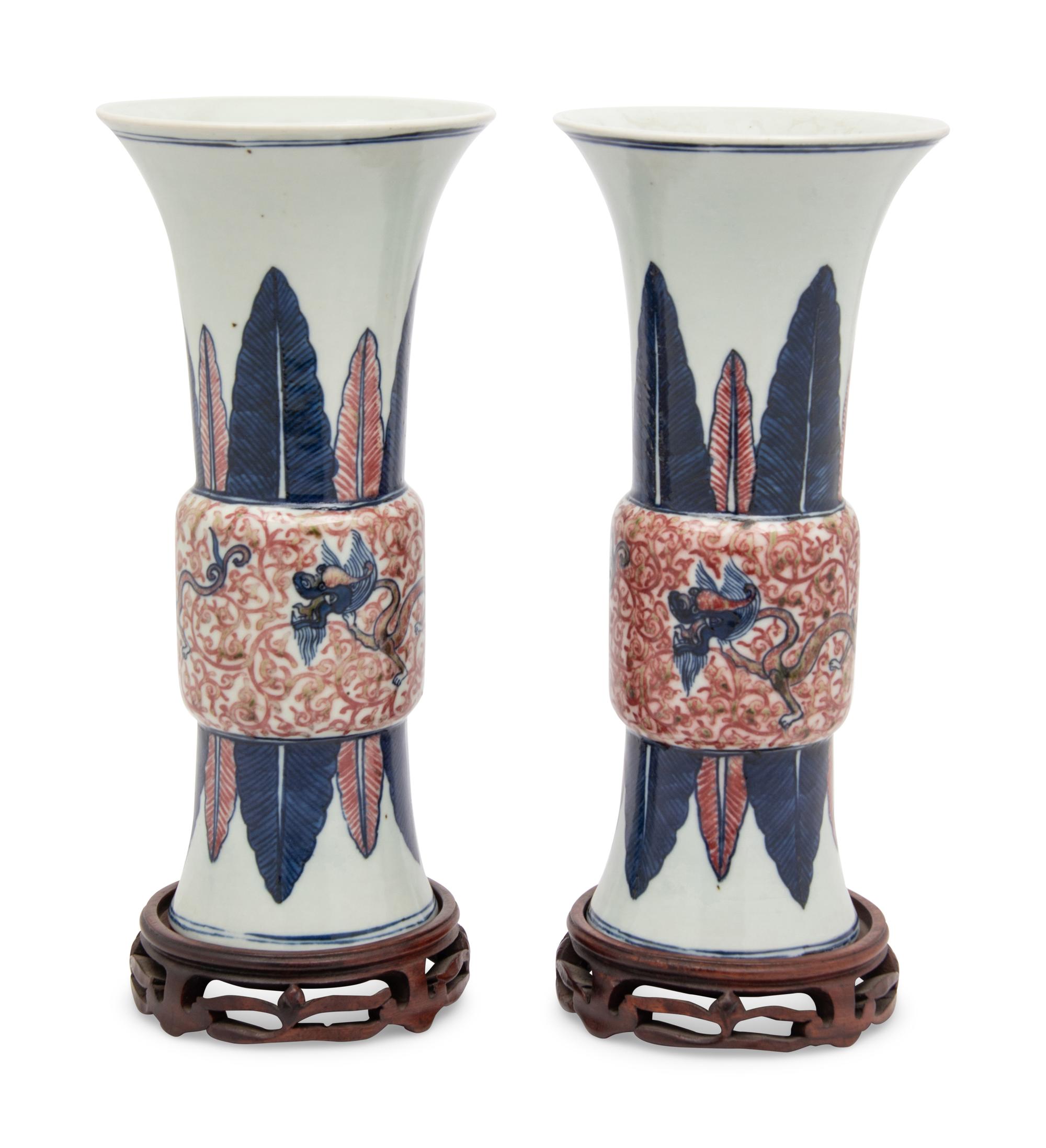 A Pair of Chinese Copper Red and Underglaze Blue Gu Vases