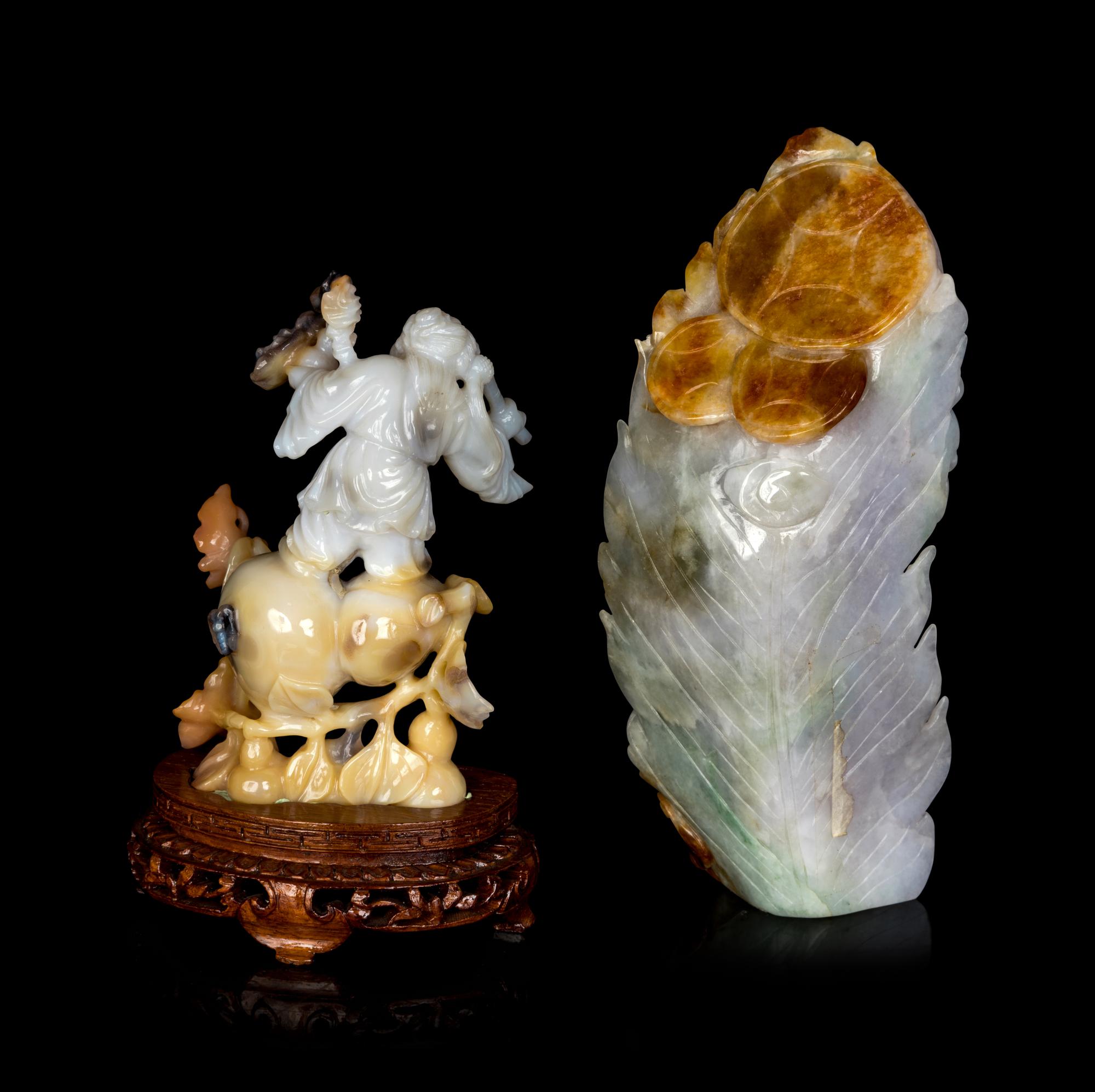 Two Chinese Russet and Lavender Jadeite Figural Groups
