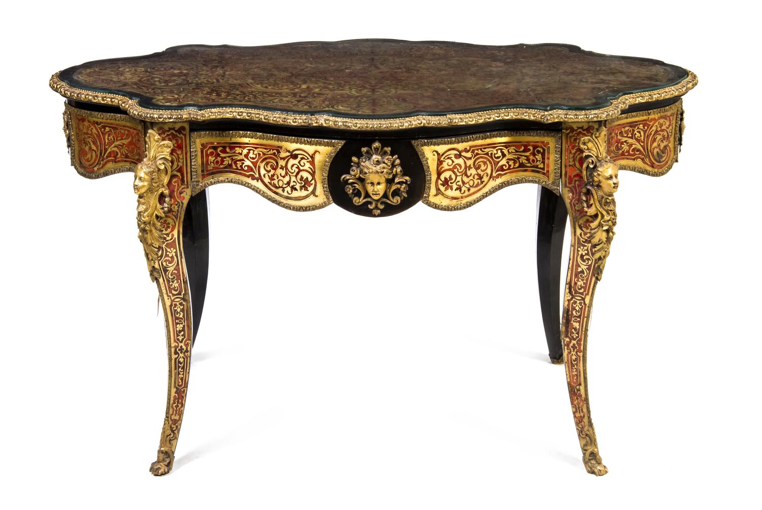 A Napoleon III Gilt Bronze Mounted Boulle Marquetry Center Table, Height 30 x width 53 x depth 32 1/4 inches.