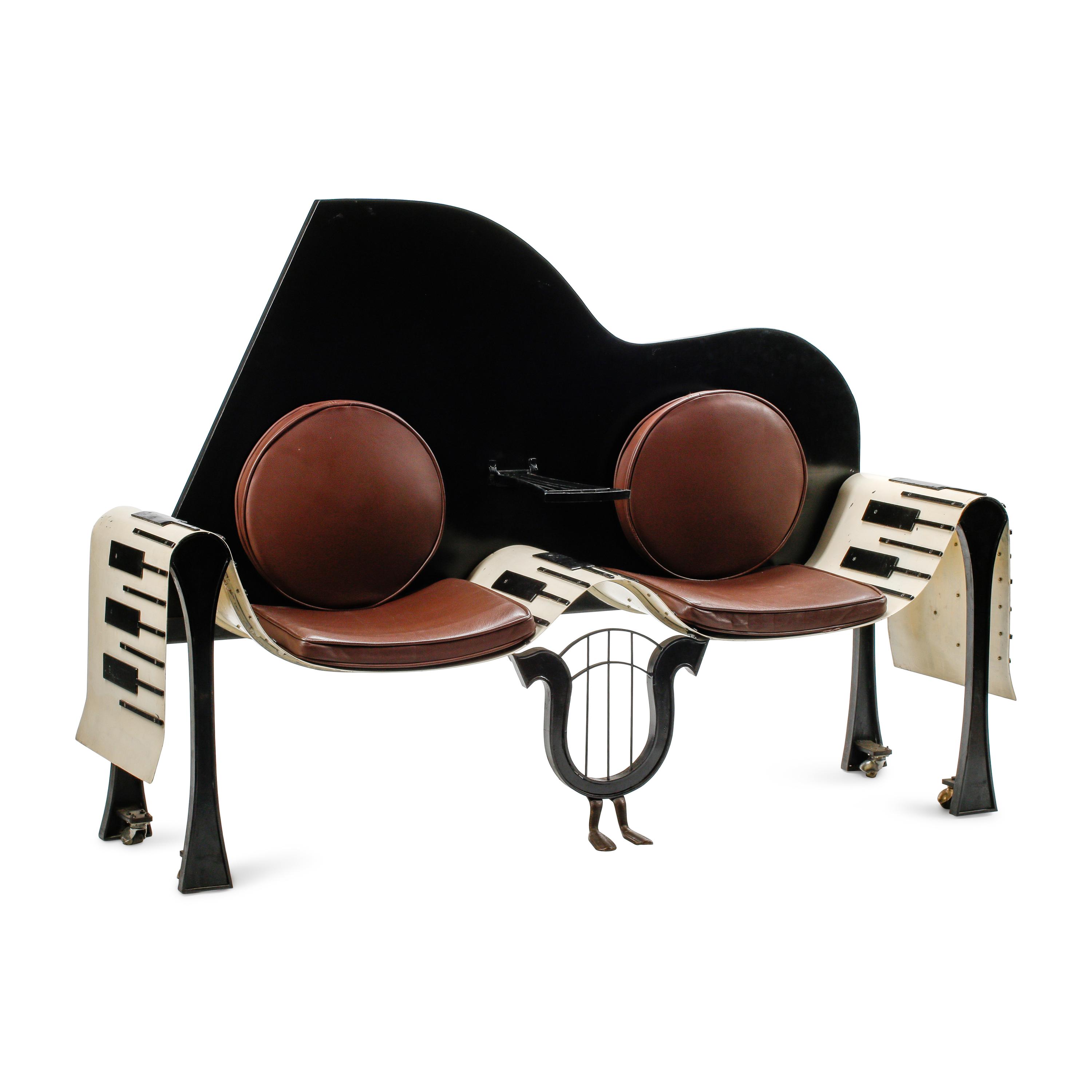 A Postmodernist Painted Iron Piano Motif Bench