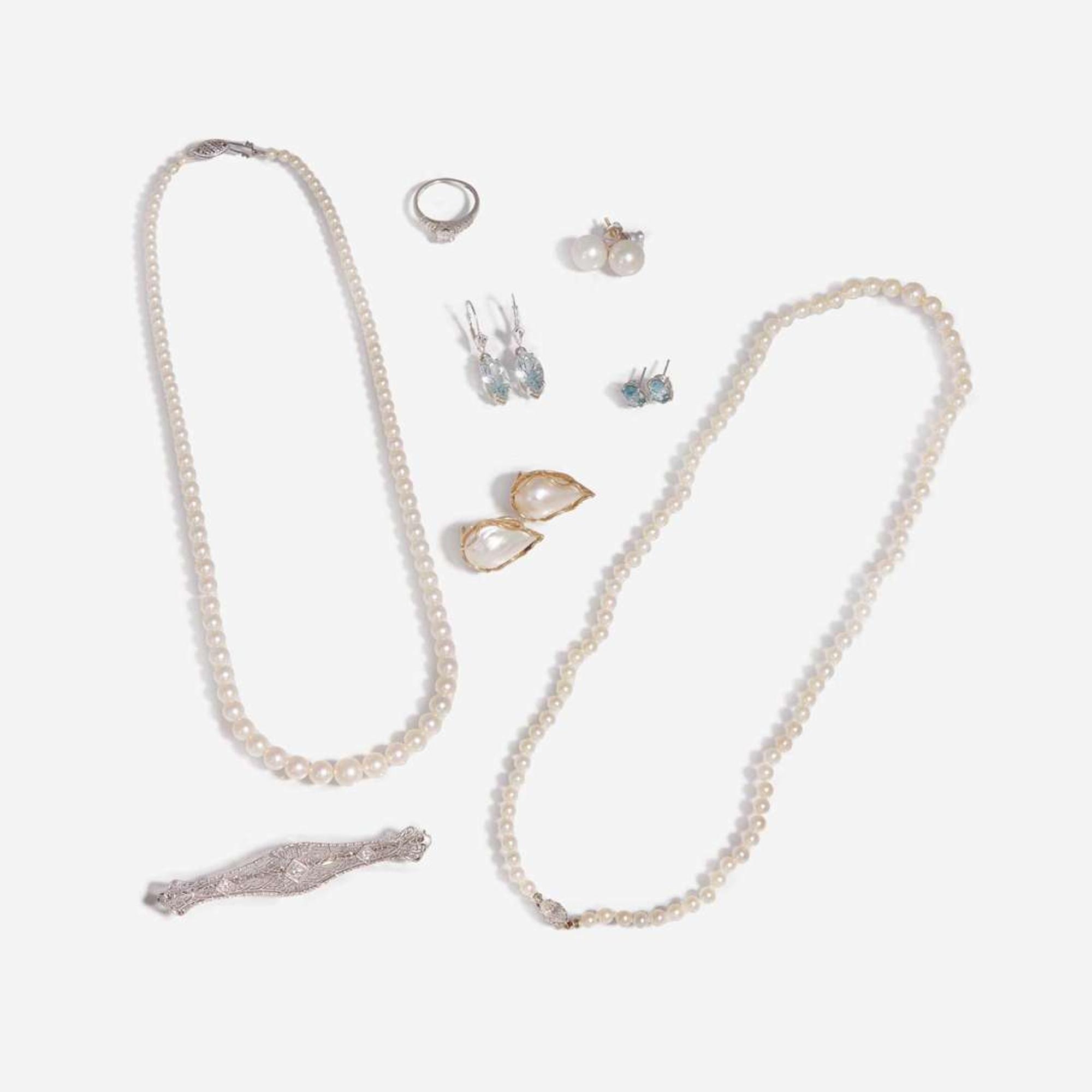 A Collection of Diamond, Pearl, and Aquamarine Jewelry